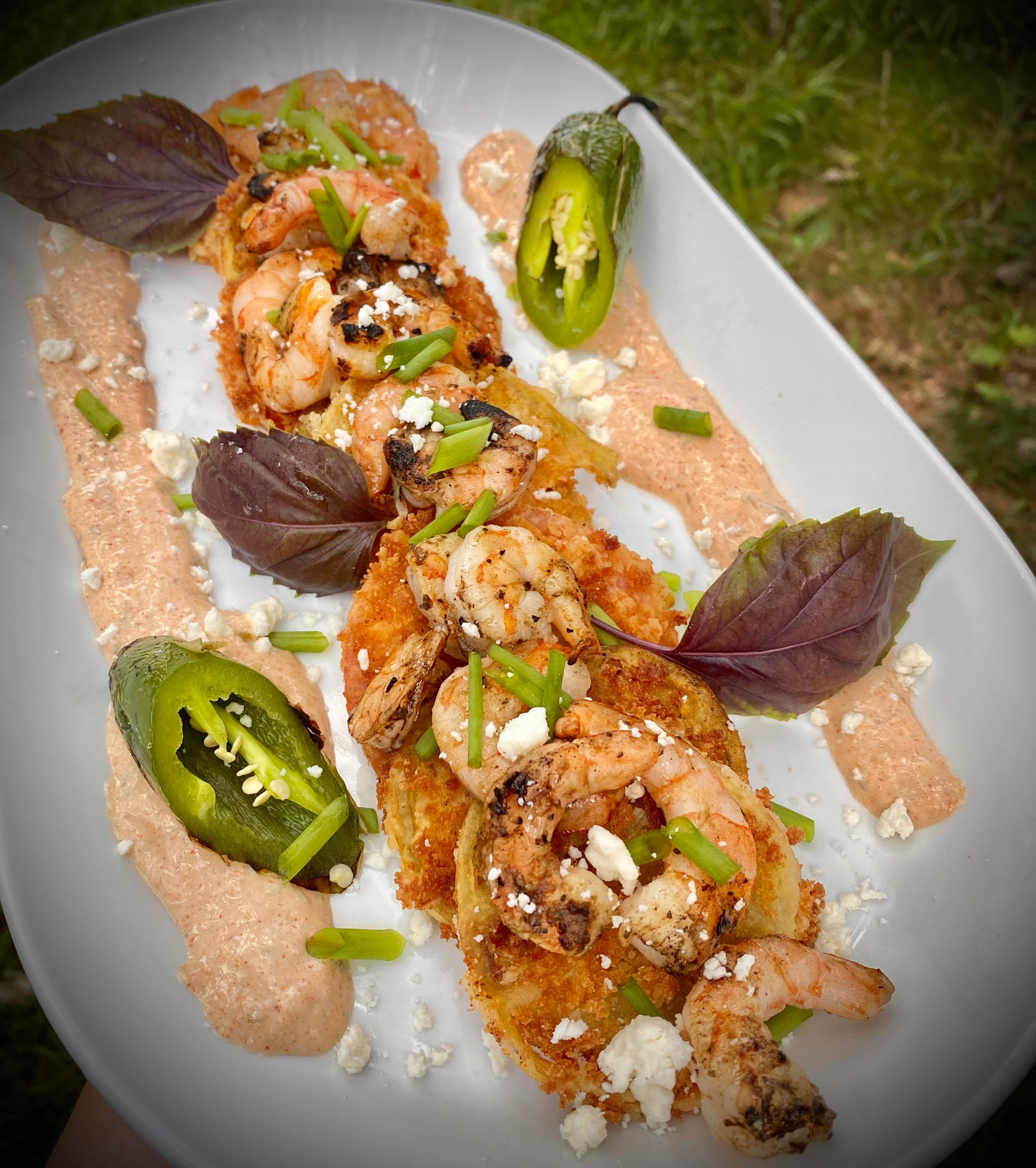 Fried Red/Green tomatoes, grilled shrimp, grilled jalapeño, paprika ...