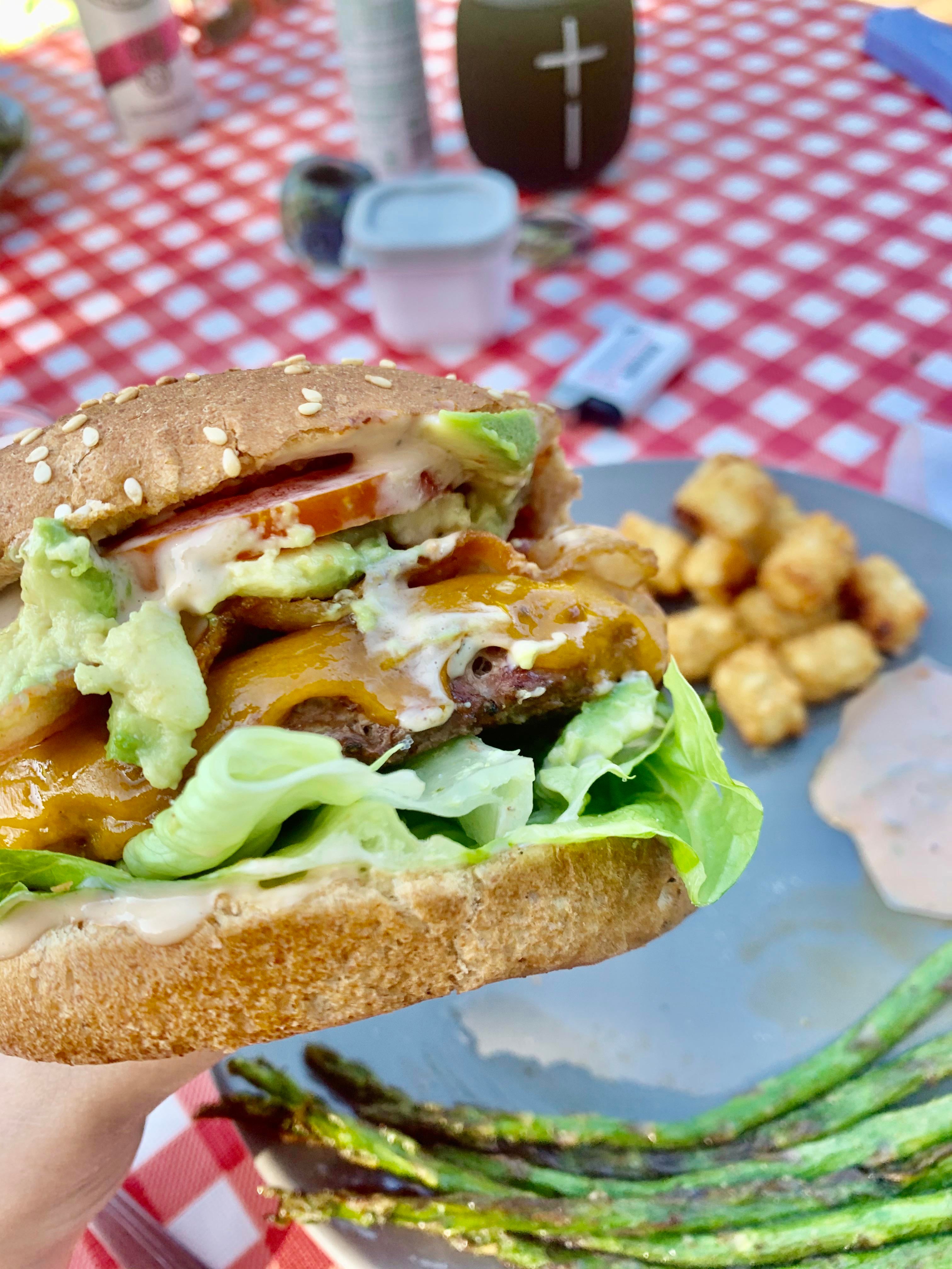 Avo and bacon grilled cheeseburger with diy “in n out” spread Dining