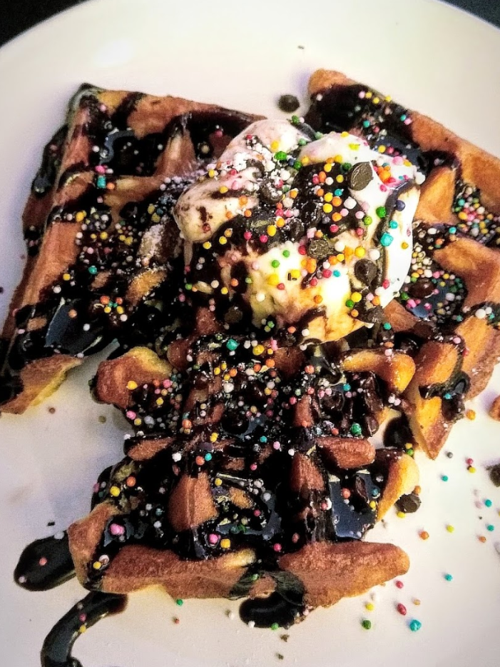 Kiddie Waffles with Sprinkles, Chocolate Sauce and Vanilla Icecream