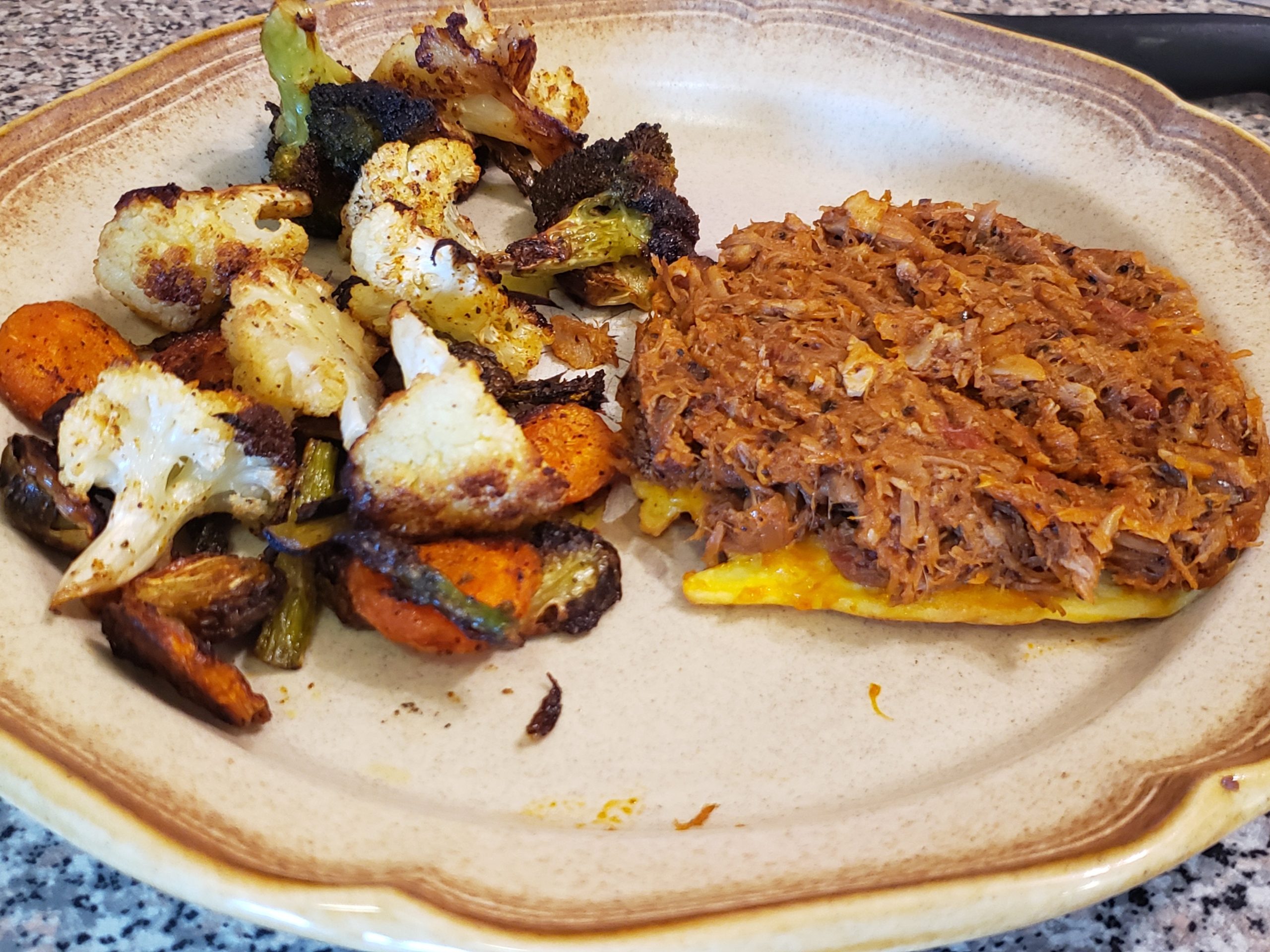 Smoked Pulled Pork Sloppy Joe on Cheddar Chaffle with Baked Veggies