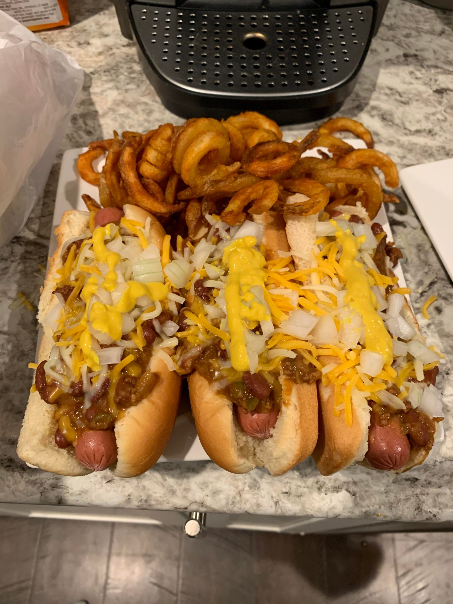 Chili cheese coneys and curly fries. (Yes, meatless) Dining and Cooking