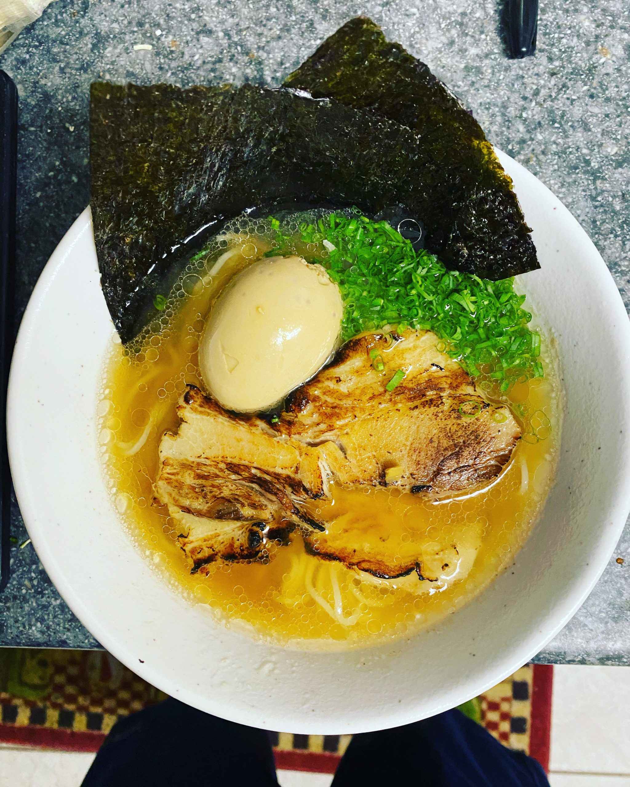 Summer shio ramen. Roasted tomato dashi, chashu, negi, ajitama, GGSS