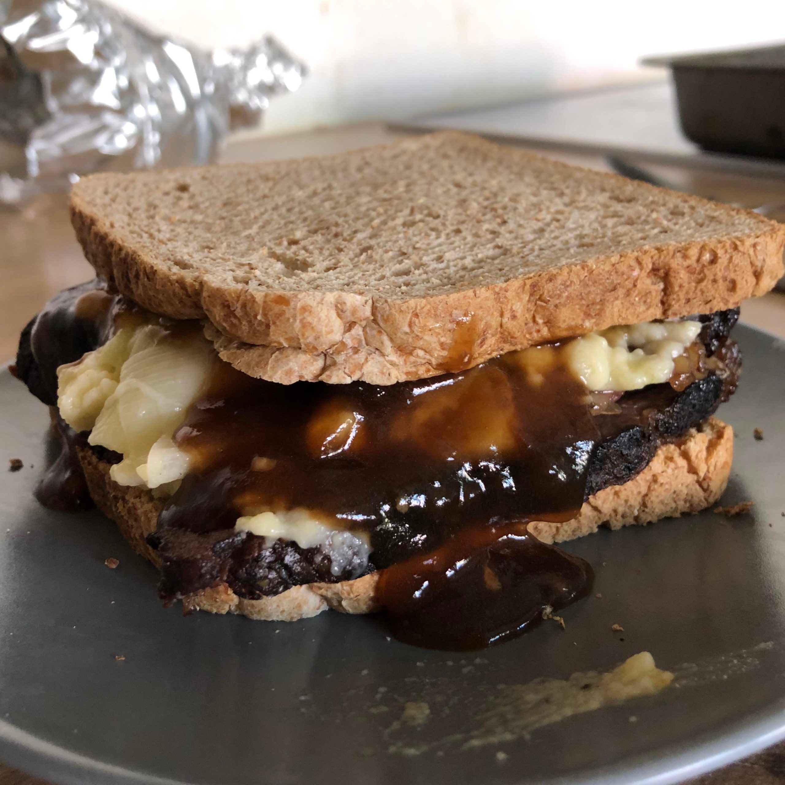 Leftover sandwich roast beef, cheesy leek gratin, and beef dripping
