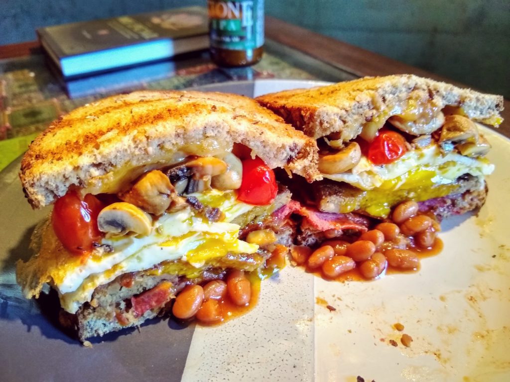 "Full English" breakfast in sandwich form (with veggie bacon & sausage).