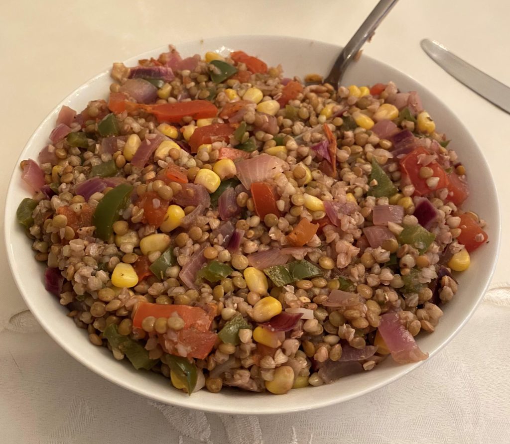Buckwheat and lentils boiled with vegetables