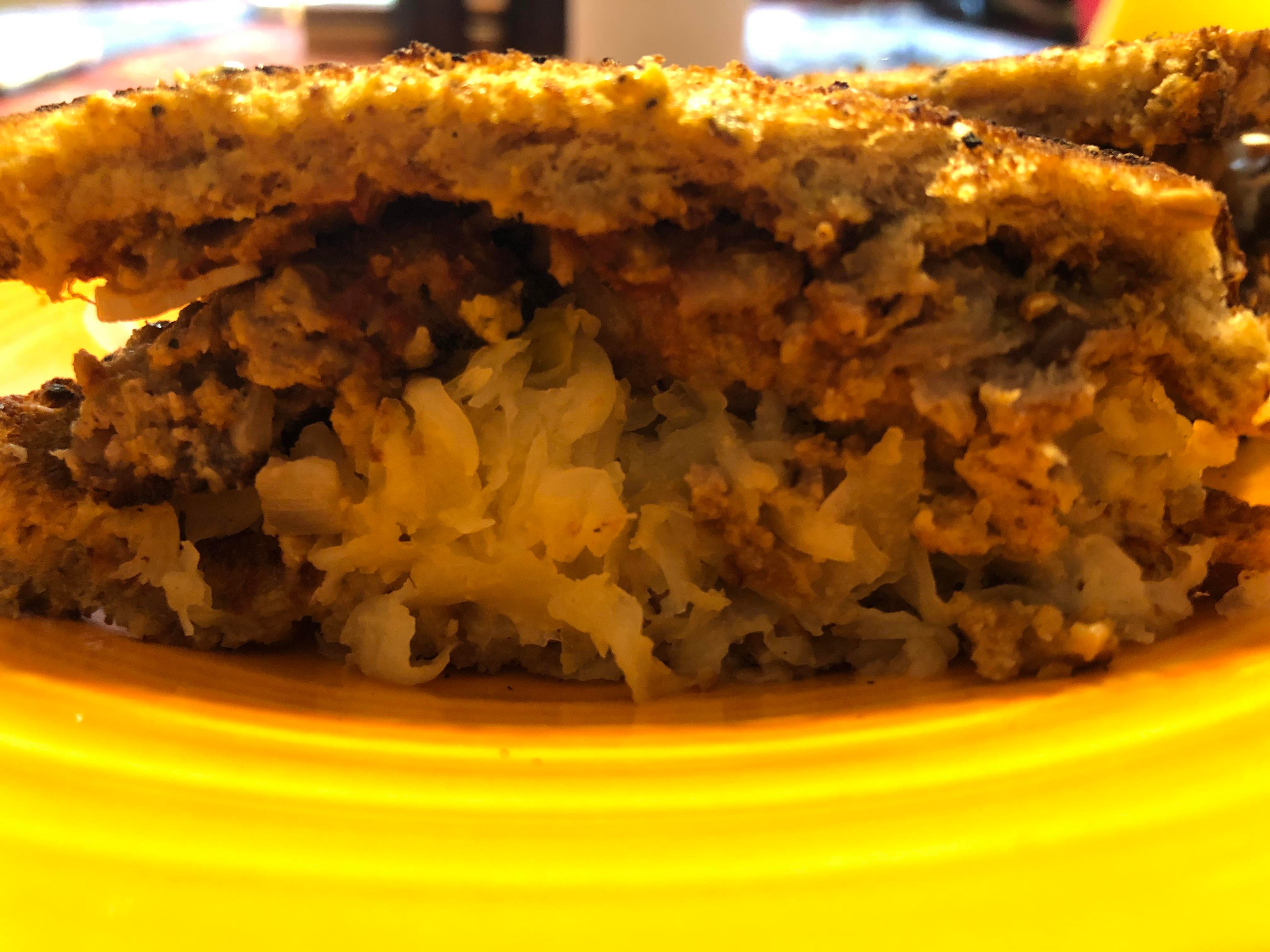 Lots of leftovers, so here’s another. Lamb meatloaf, sauerkraut, spicy