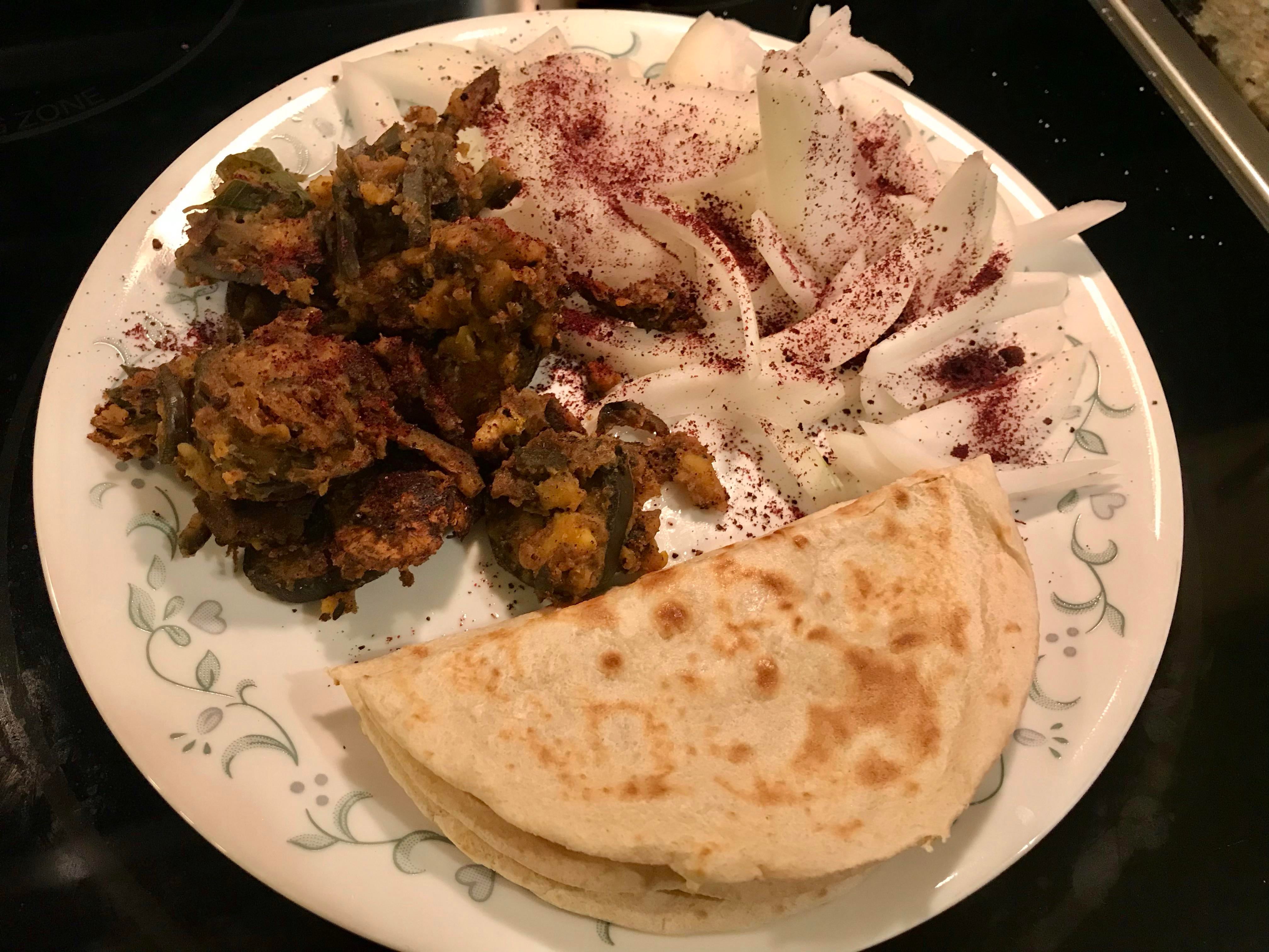 Raw banana curry, onions (sprinkles with sumac) and roti! 🙂 - Dining ...