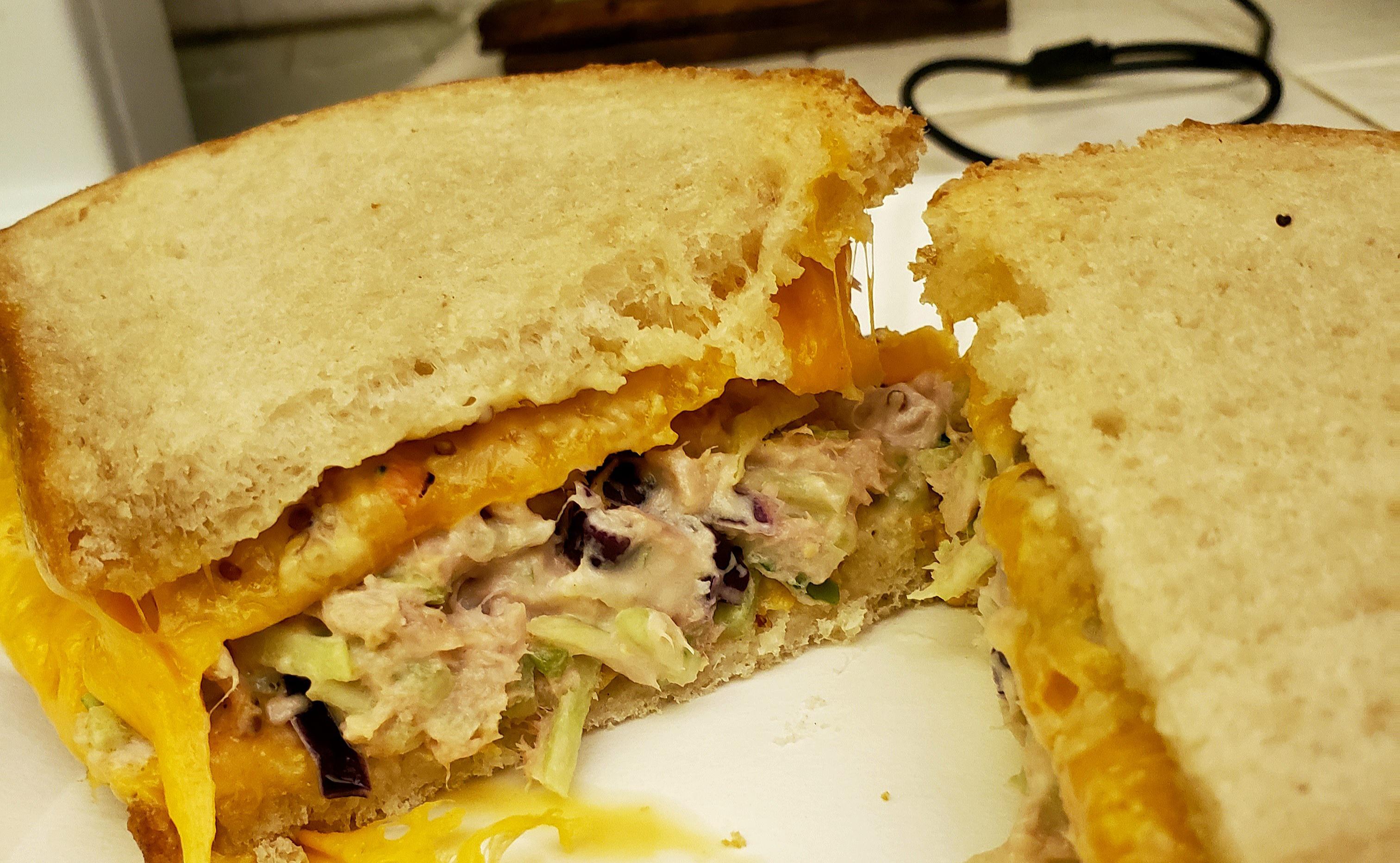 Late night tuna melt on sourdough with brocolli slaw. Dining and Cooking