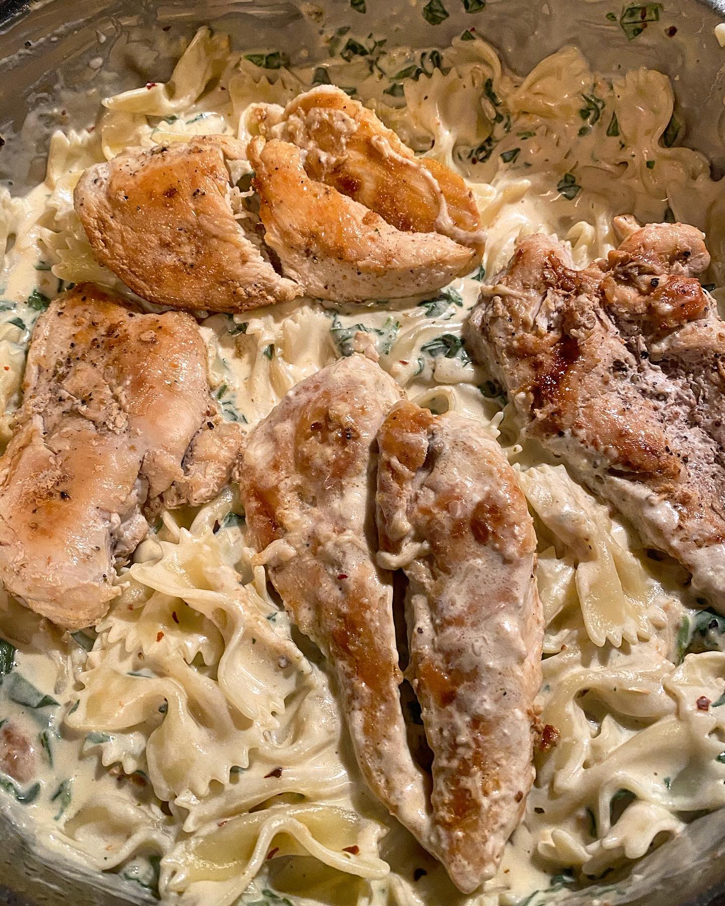 Parmesan Spinach Artichoke BowTie Pasta with Sauteed Roasted Garlic