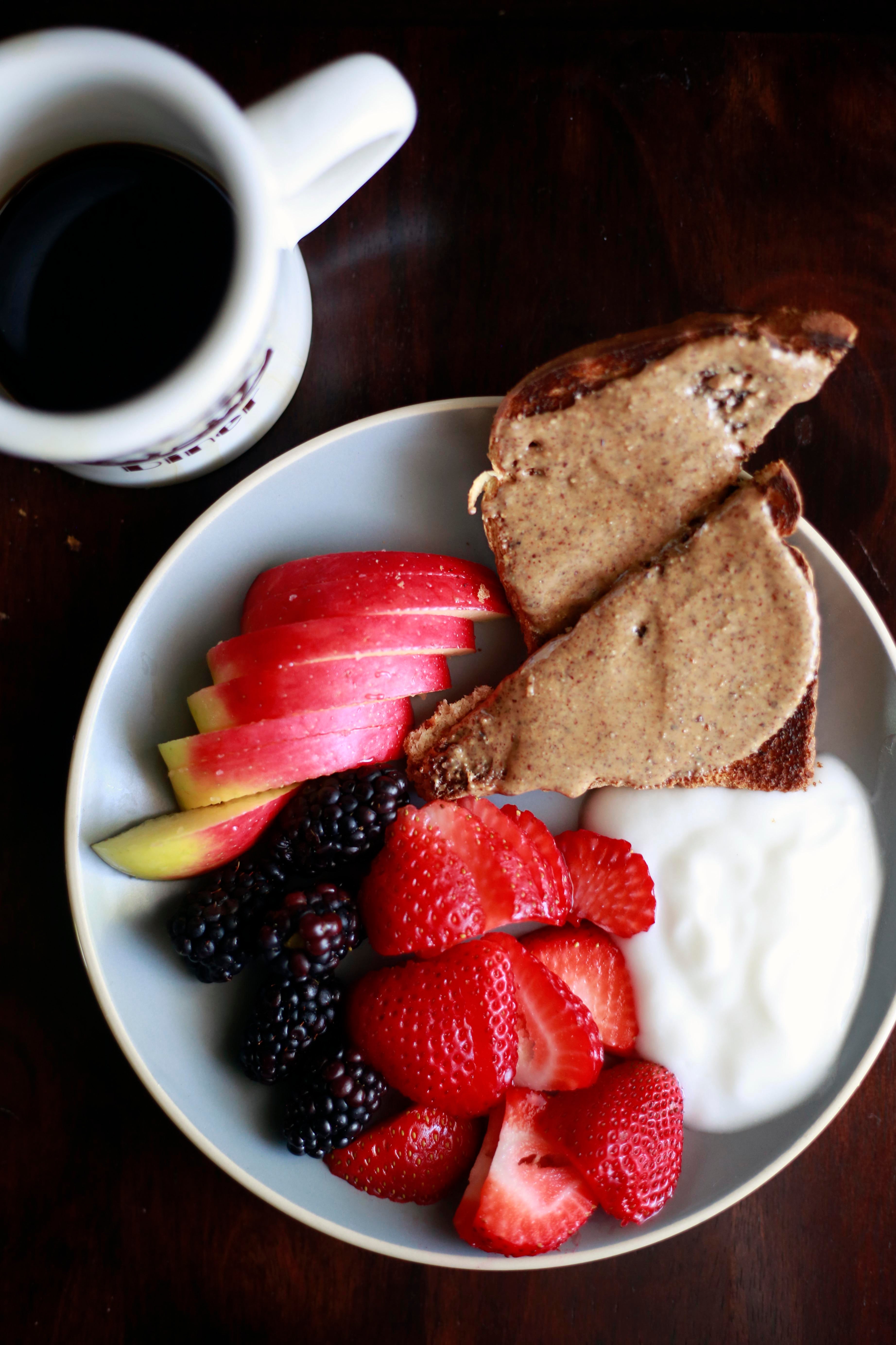 Vegan breakfast! Coconut milk yogurt with fruit and almond butter toast