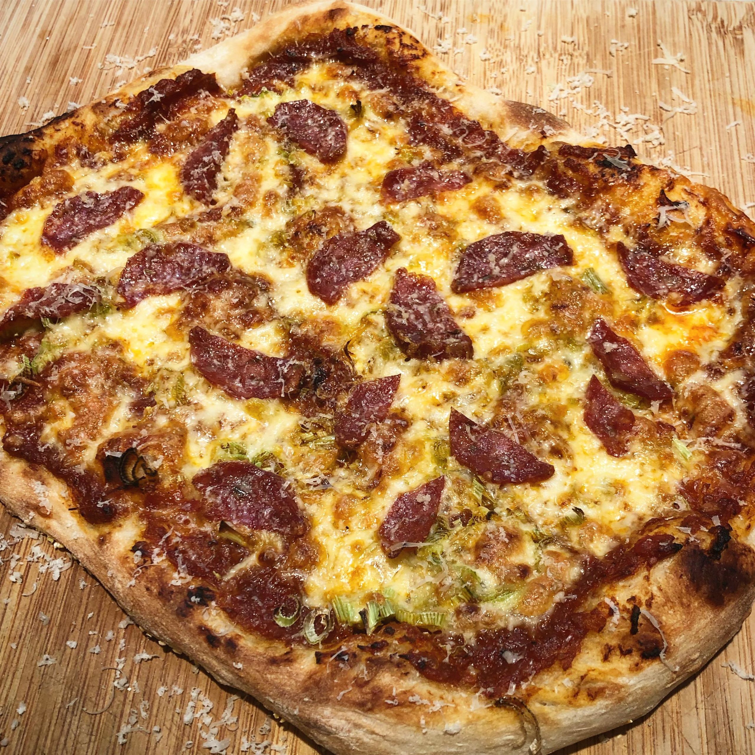 Homemade pizza with noknead dough, Nigerian pepper sauce, smoked