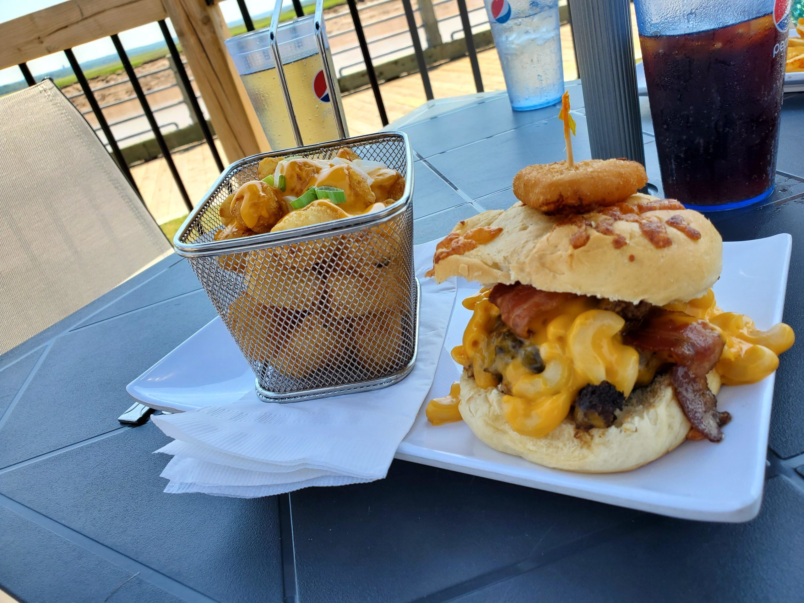 Bacon, Mac and cheese burger, with a side of cheesy tots. Very filling