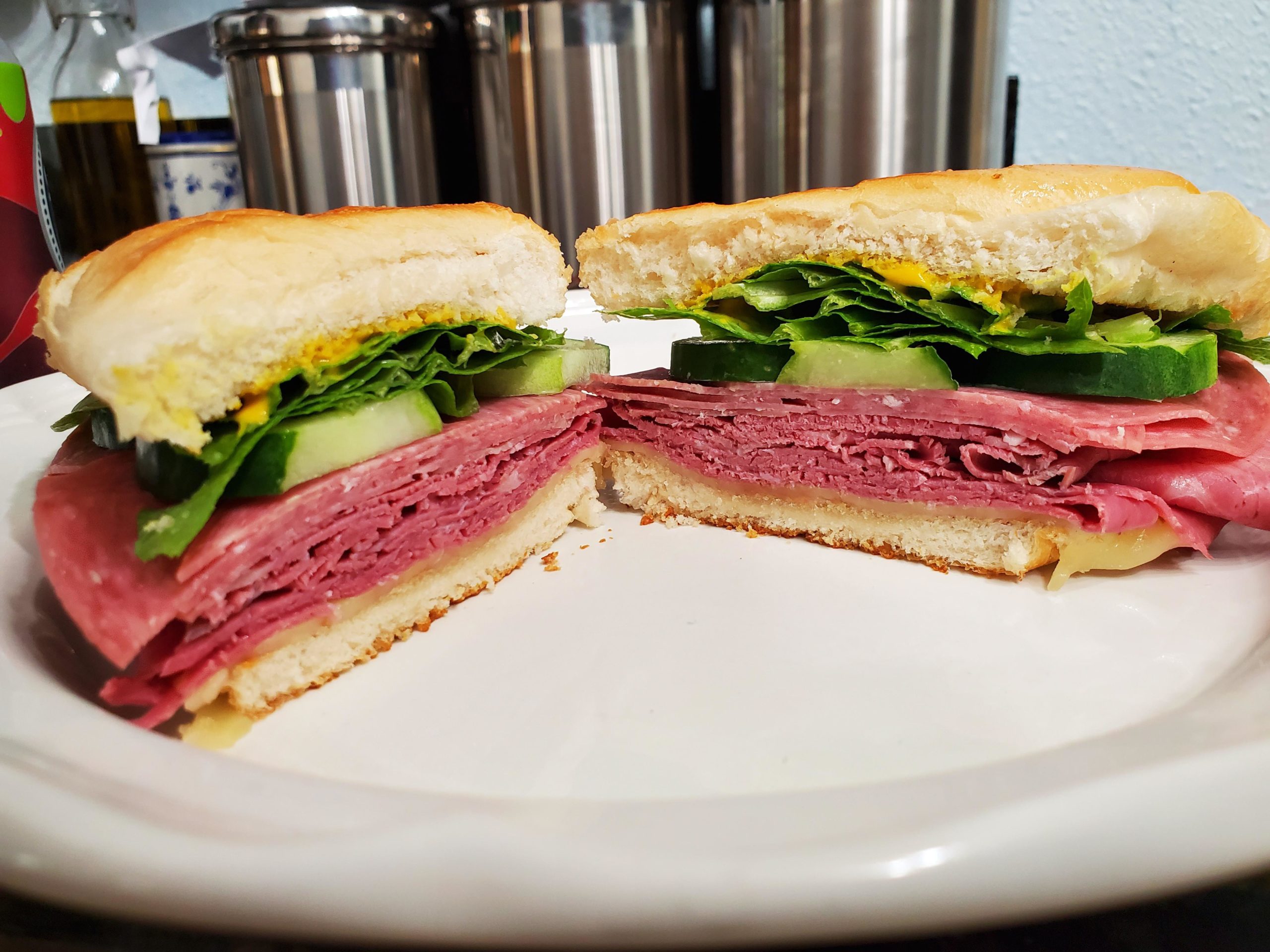 Corned beef, salami, pepper jack, yellow mustard and home grown greens