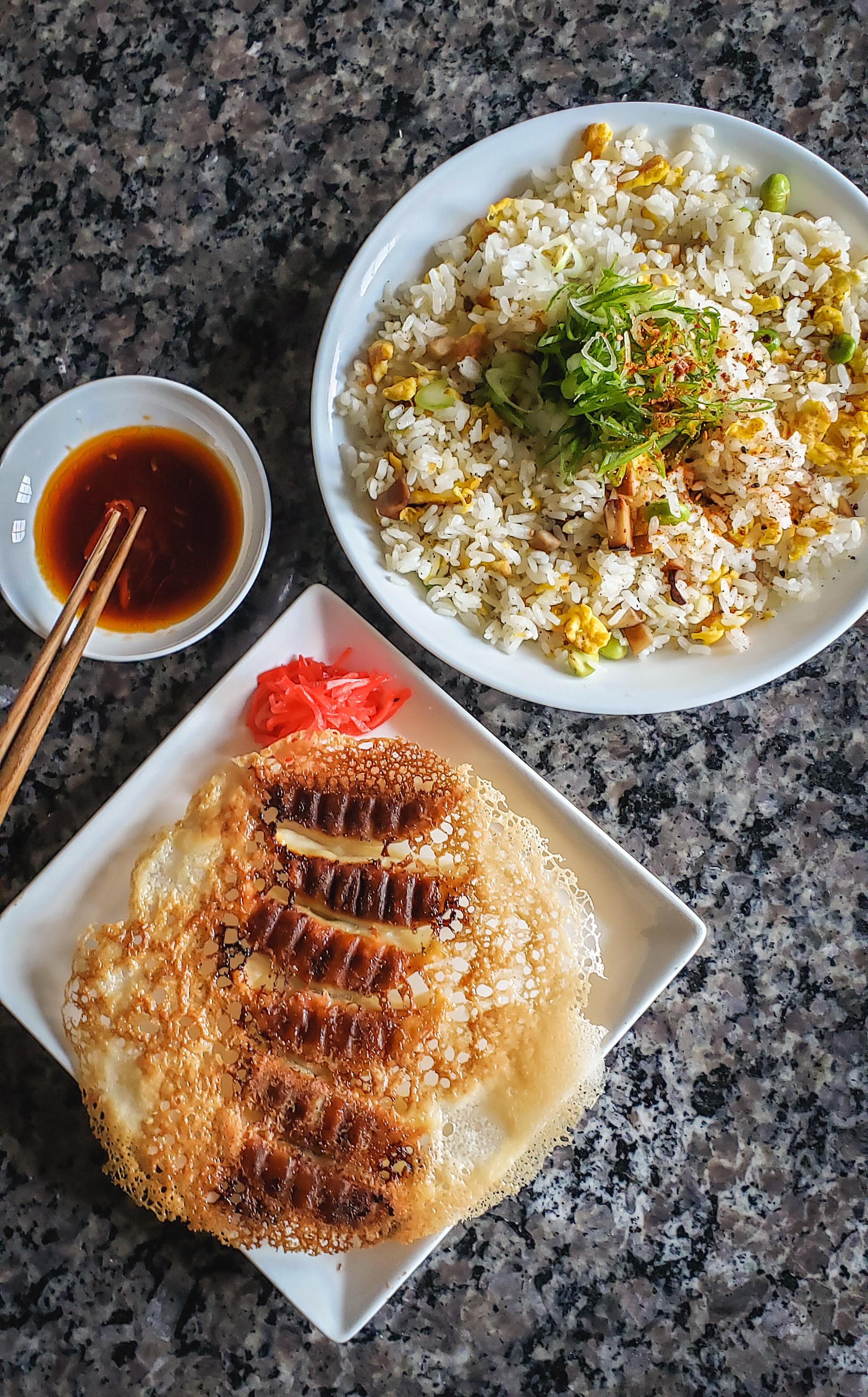 Crispy chicken&shiitake mushroom gyoza with egg fried rice Dining and