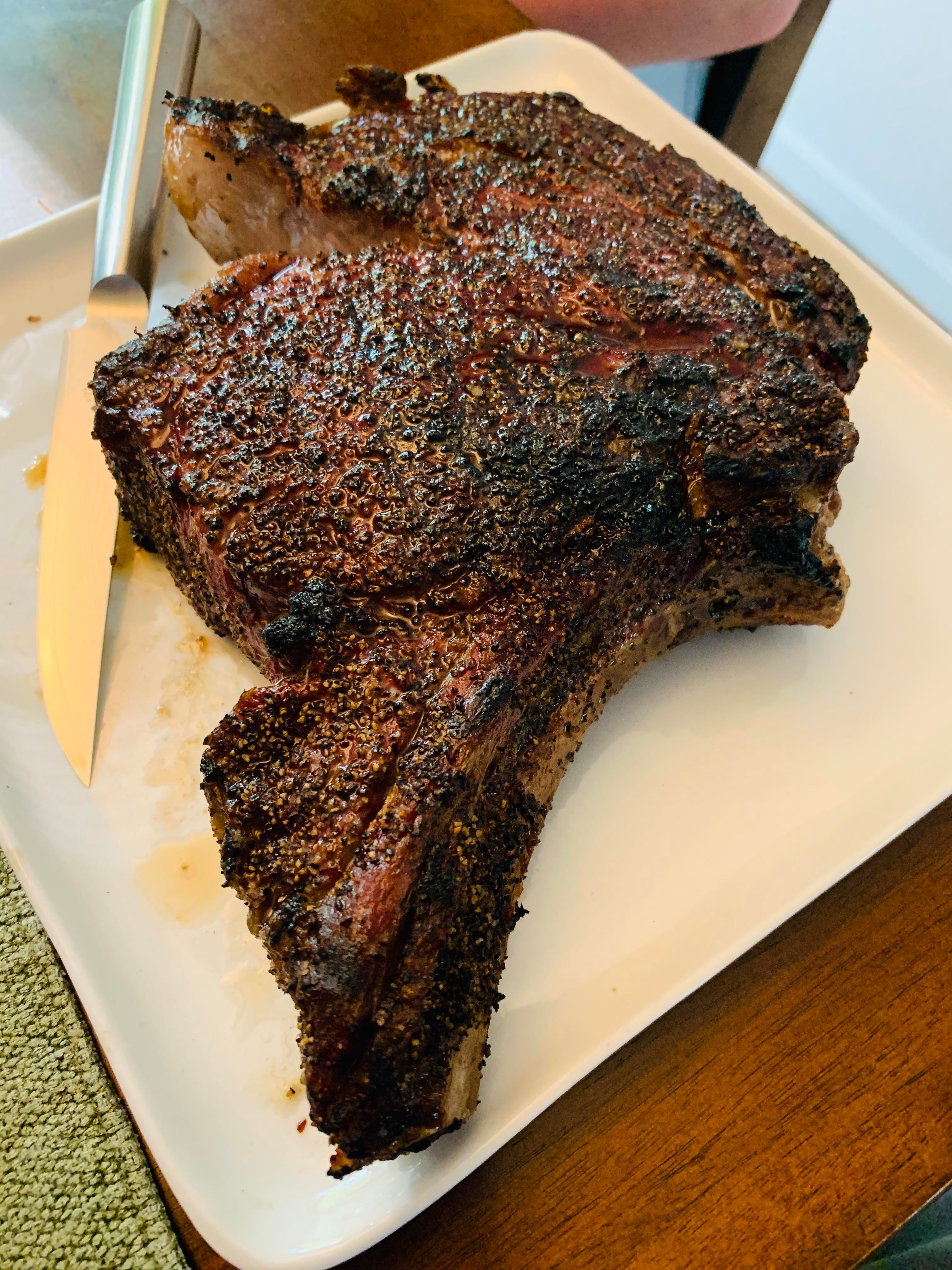 3lb bonein ribeye. Pellet 250 to 120 IT. Seared over charcoal on KJ