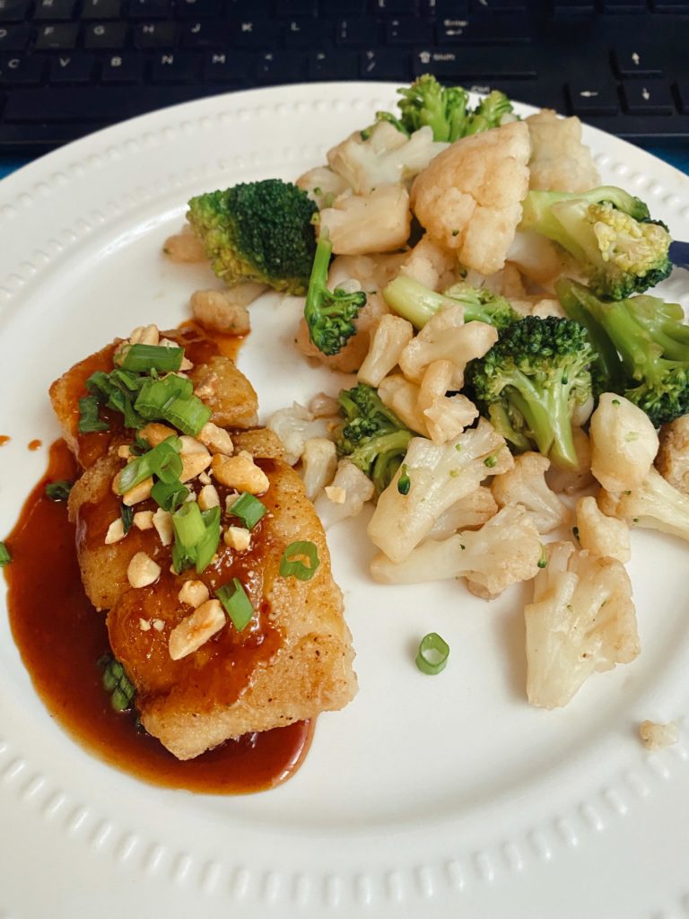 ~320 Calorie Lunch - flour dredged pan fried cod with a homemade ginger-hoisin sauce