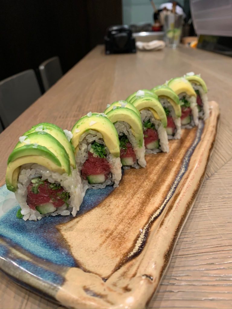 Bluefin tuna, cucumber, green onion and avocado with cypress salt