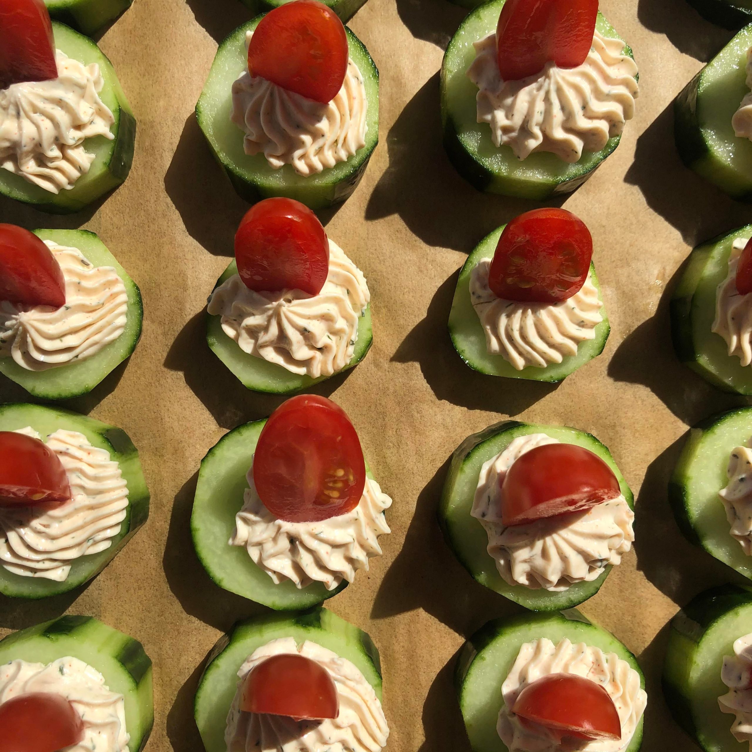 Cucumber Appetizer with Herb Whipped Cream Cheese and Grape Tomatoes