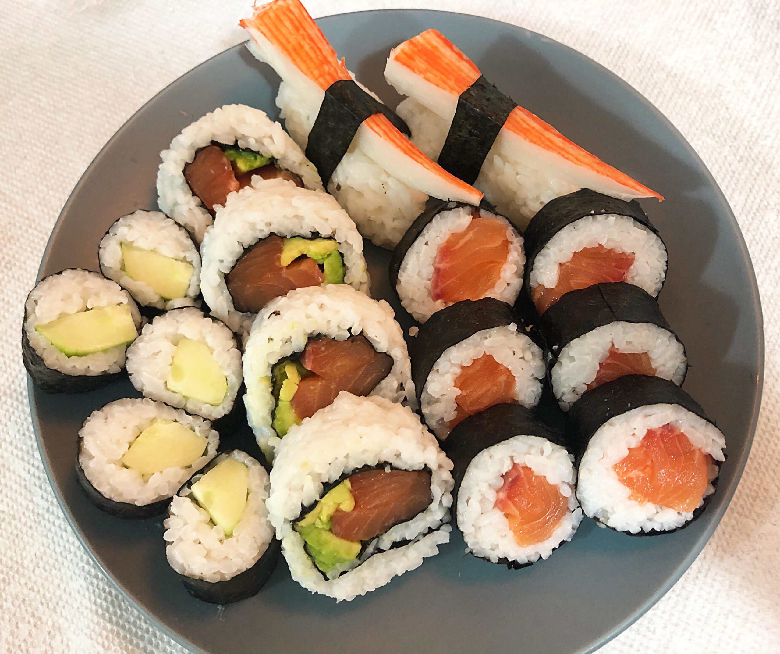 Homemade Maki (Cucumber Roll, Salmon Avocado Roll, Salmon Roll) and