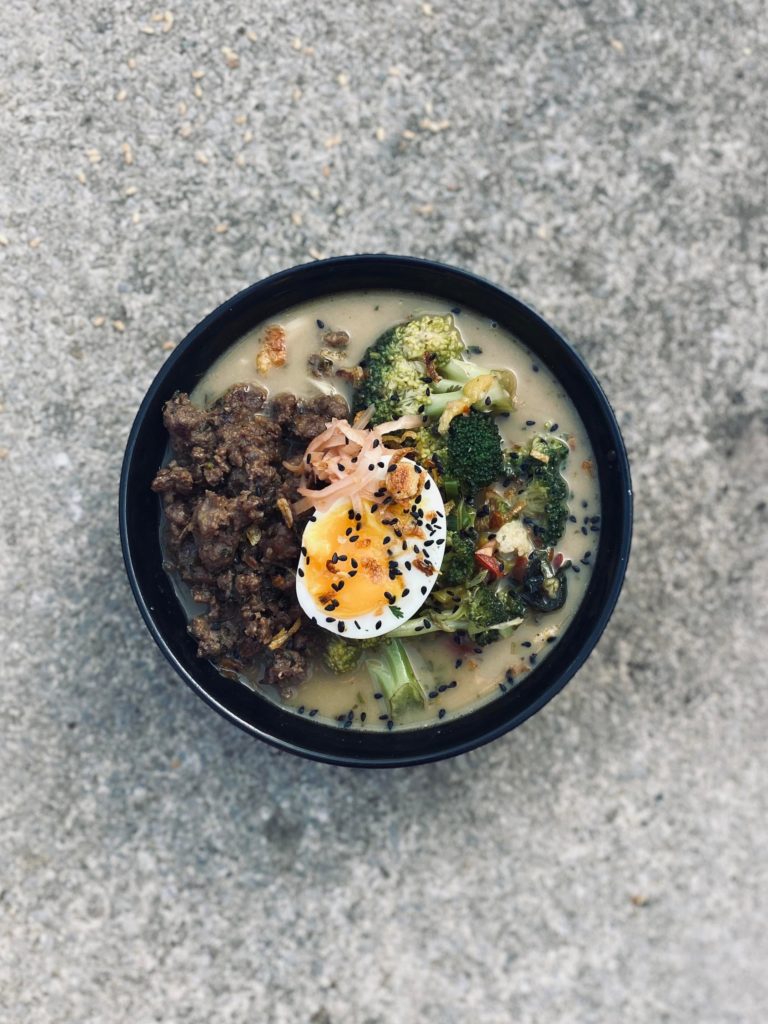 Mutton broth w Thai basil, venison mince, broccoli & egg (pro-chef)
