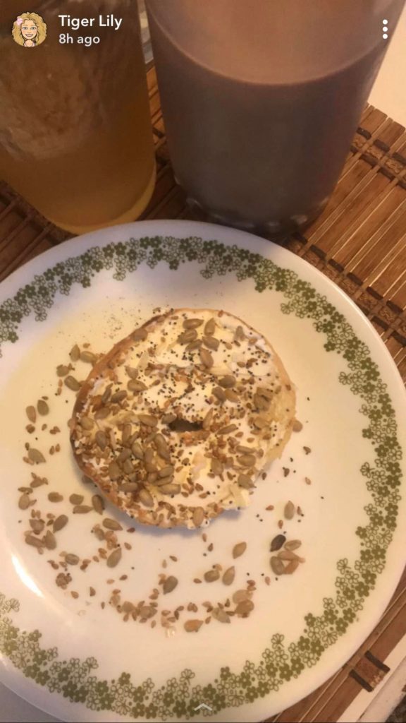 Bagel, Tiger style lol Toasted sunflower sesame and poppy seeds .. chocolate milk