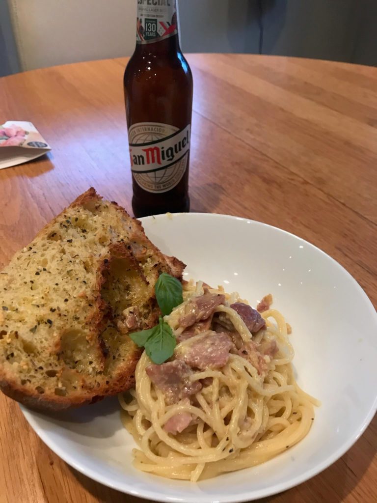 Spaghetti Carbonara with homemade garlic bread :)