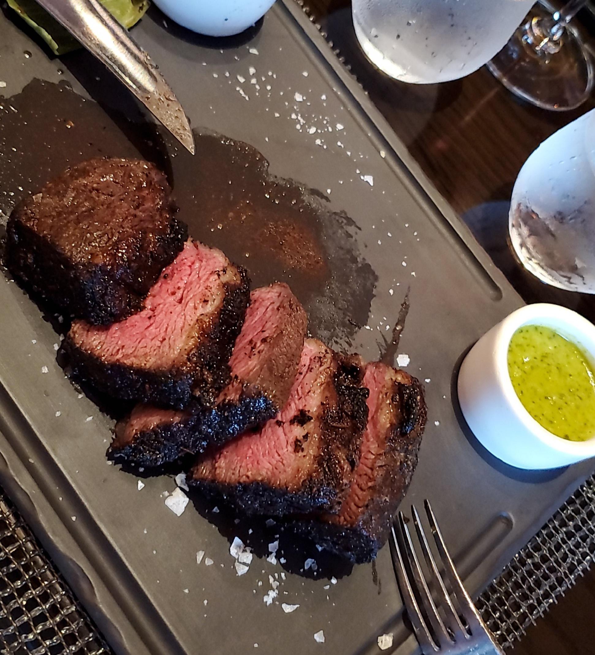 16 oz. Picanha with peppercorn cognac and chimichurri sauce. Perfect Dining and Cooking