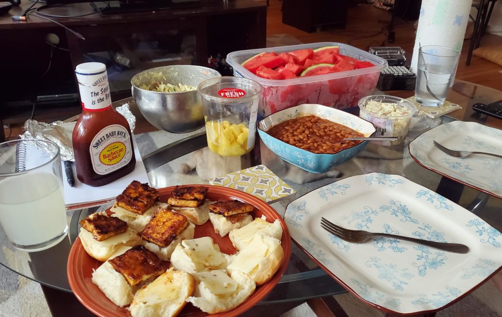 Pic of the 4th of July meal I made for my partner who hadn't had a proper bbq meal in 12 years! Bbq Hawaiian tofu sliders with pepperjack, coleslaw, potato salad, and baked beans!