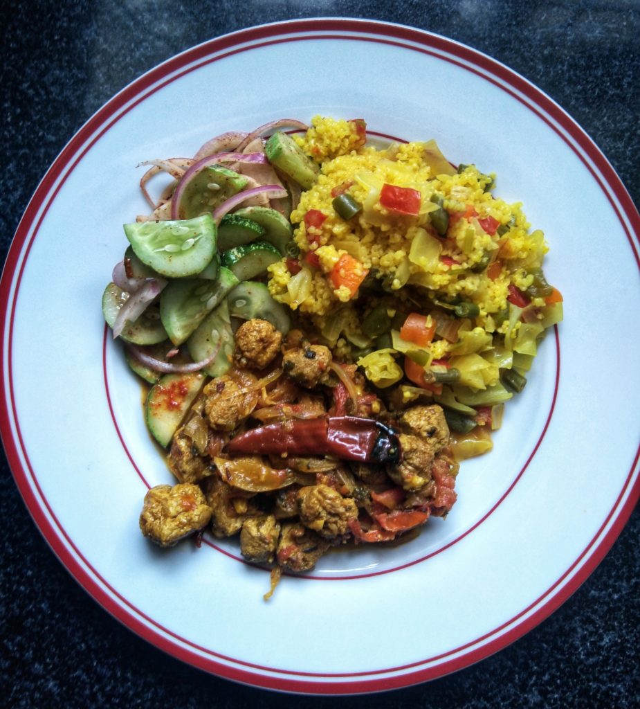 For lunch I made broken wheat with multiple vegetables, soya chunks curry cooked in a pressure cooker, and a basic cucumber salad.