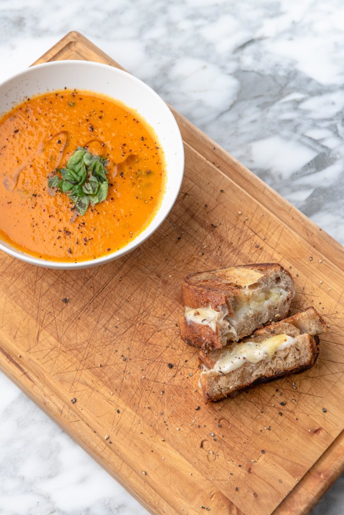 Grilled cheese on homemade sourdough with locally harvested heirloom tomato soup