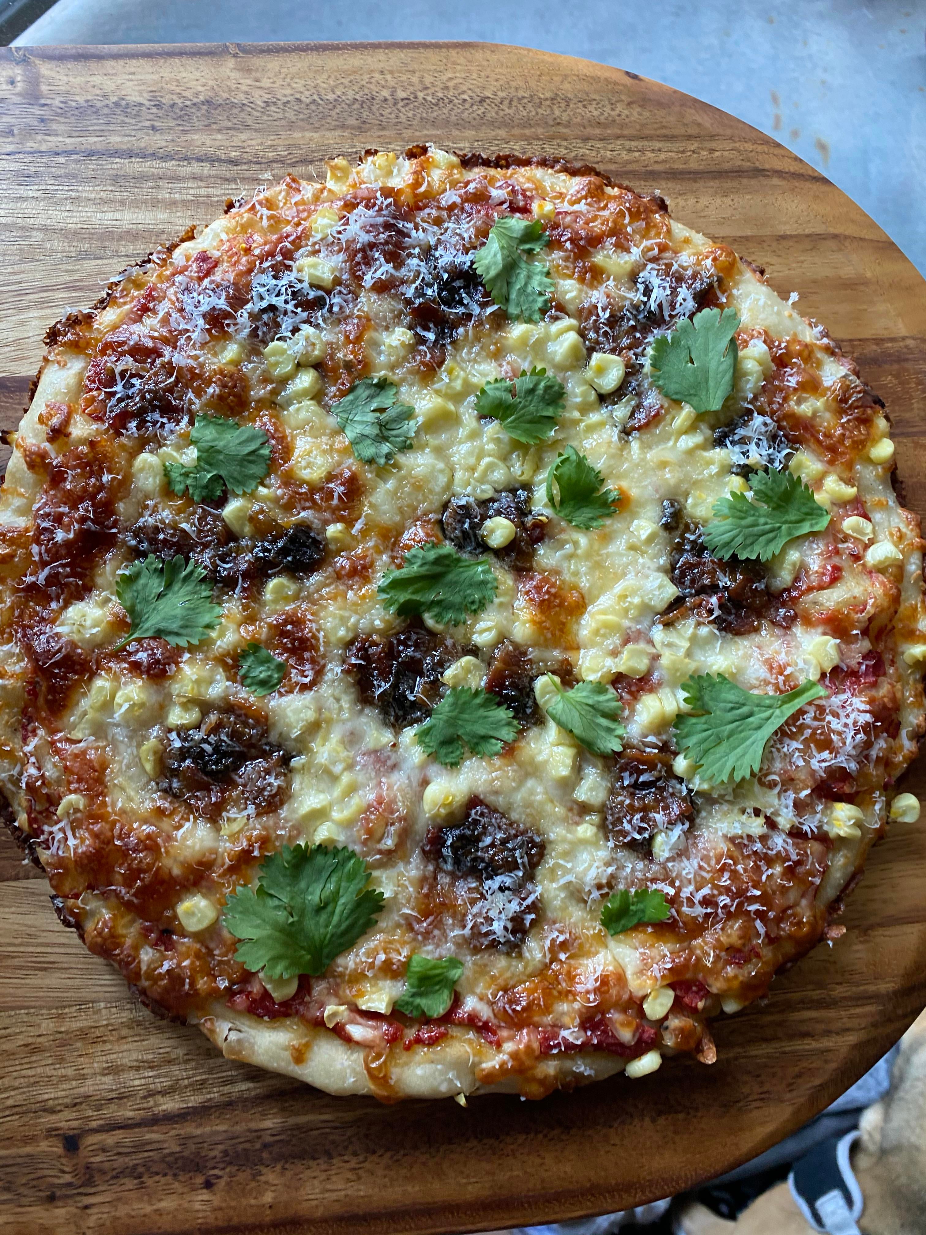 Corn, bacon green chile marmalade, and cilantro pizza Dining and Cooking
