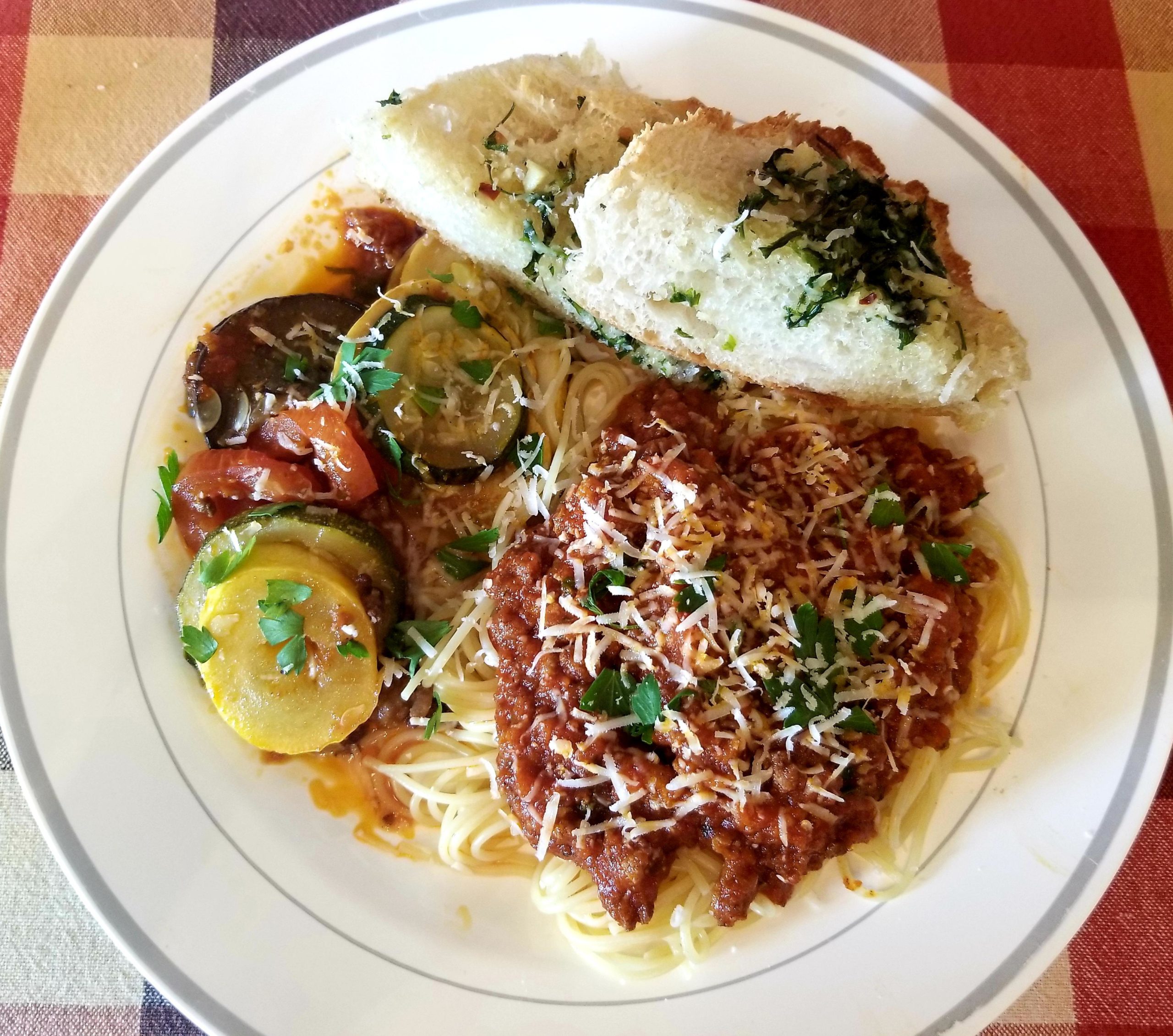 Capellini with meat sauce, ratatouille, and homemade garlic bread Dining and Cooking