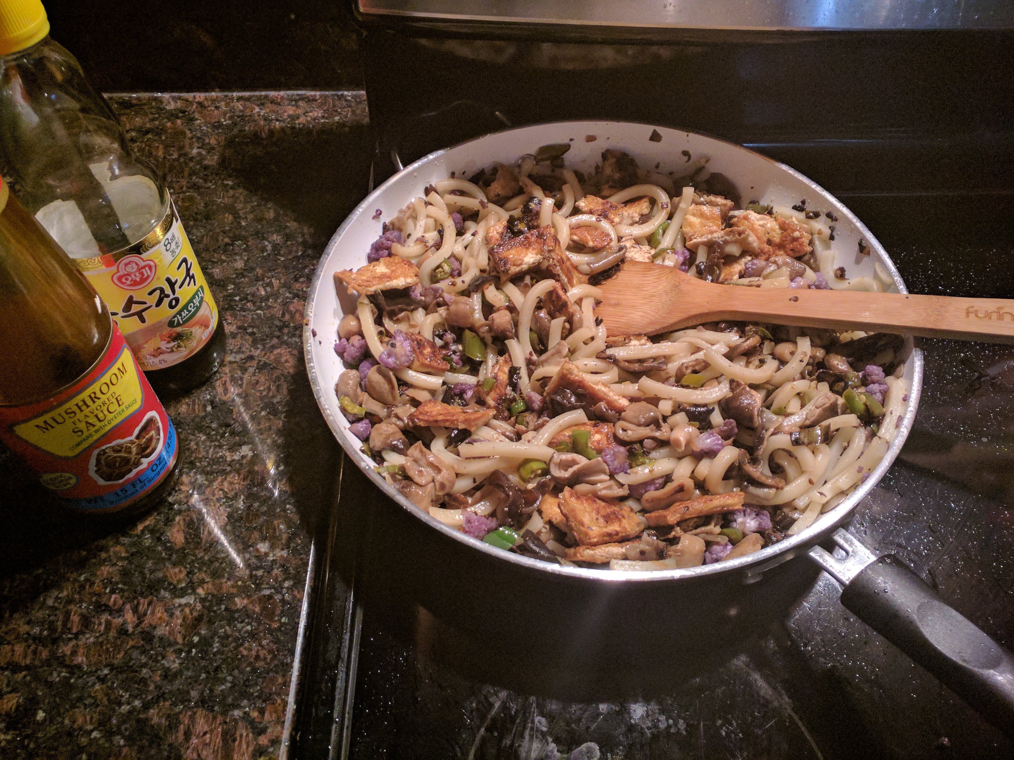 Tofu Udon Stir Fry with Purple Cauliflower, Straw Mushrooms, and Serrano Peppers Dining and