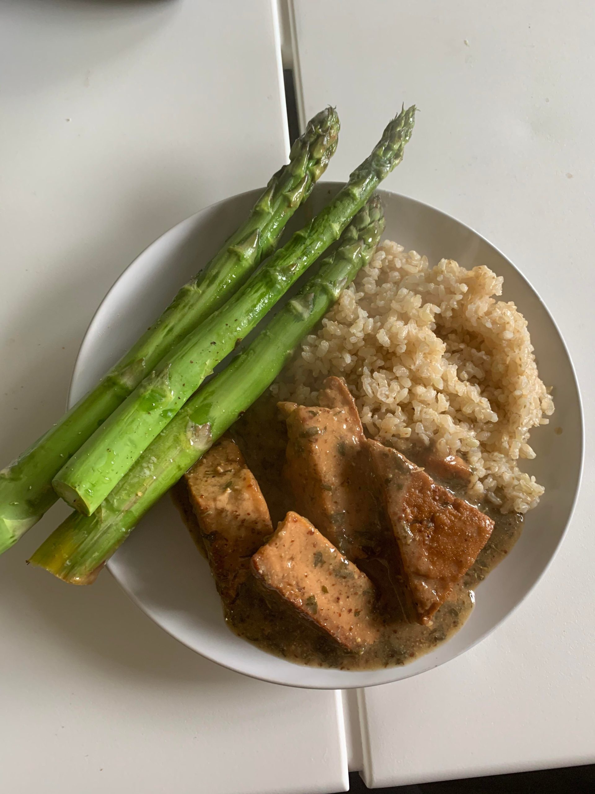 Tofu Dijon with GABA rice and the thiccest asparagus I’ve ever seen