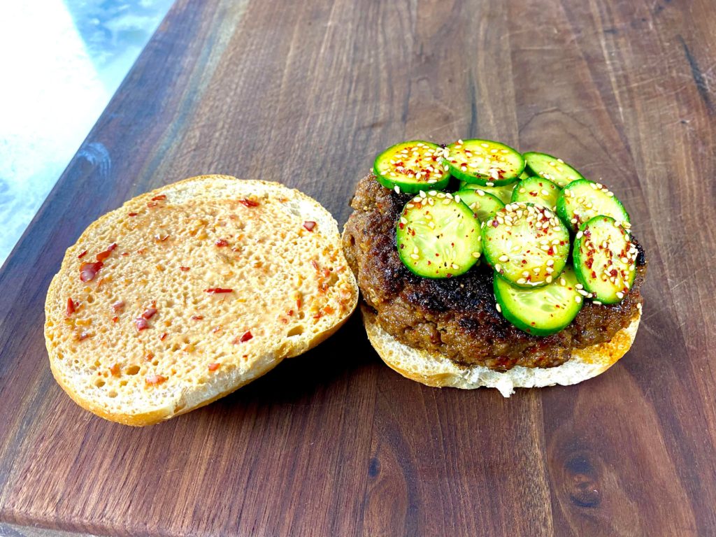 Korean Bulgogi Burger with Spicy Marinated Cucumbers