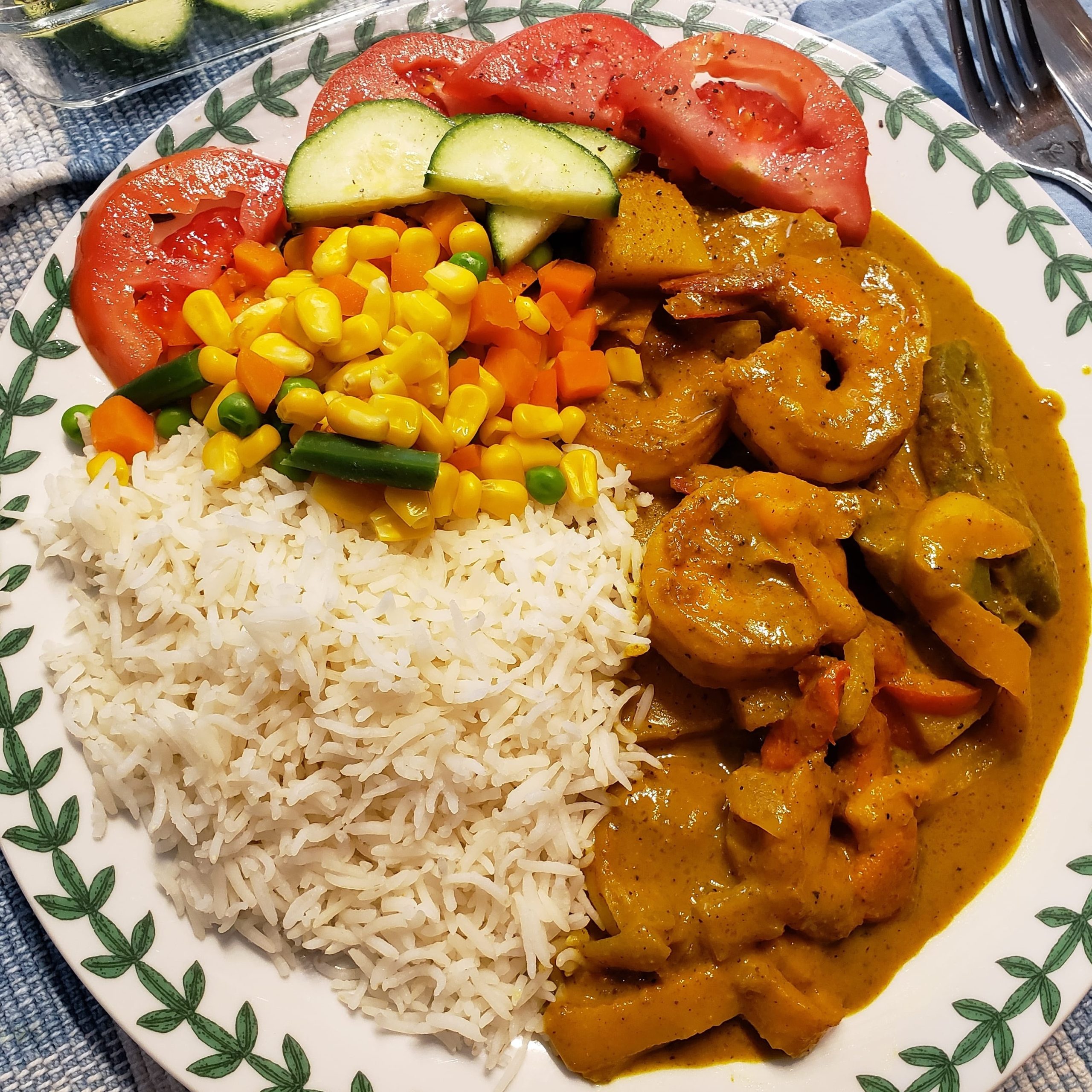 Caribbean curry shrimp with basmati rice with mixed veggies Dining and Cooking