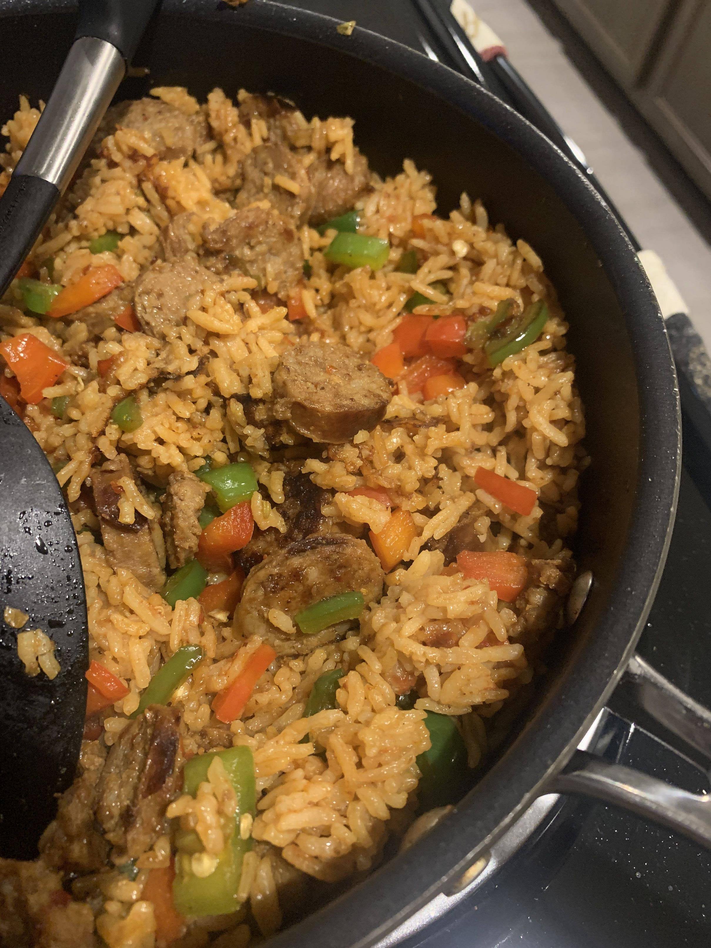 Yummy spicy Italian sausage with rice. 214 calories a serving and it