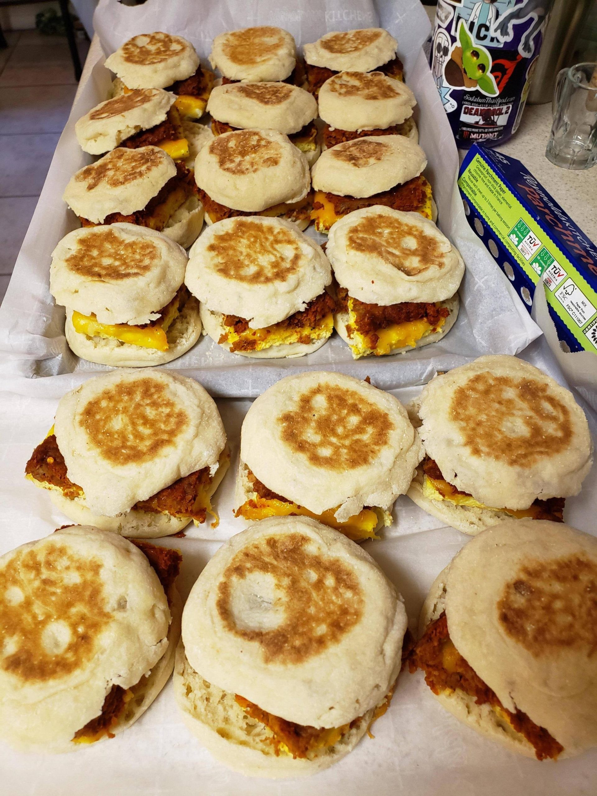 Sausage, Egg, & Cheese McMuffins and Vegan Creamy Pasta Salad Dining