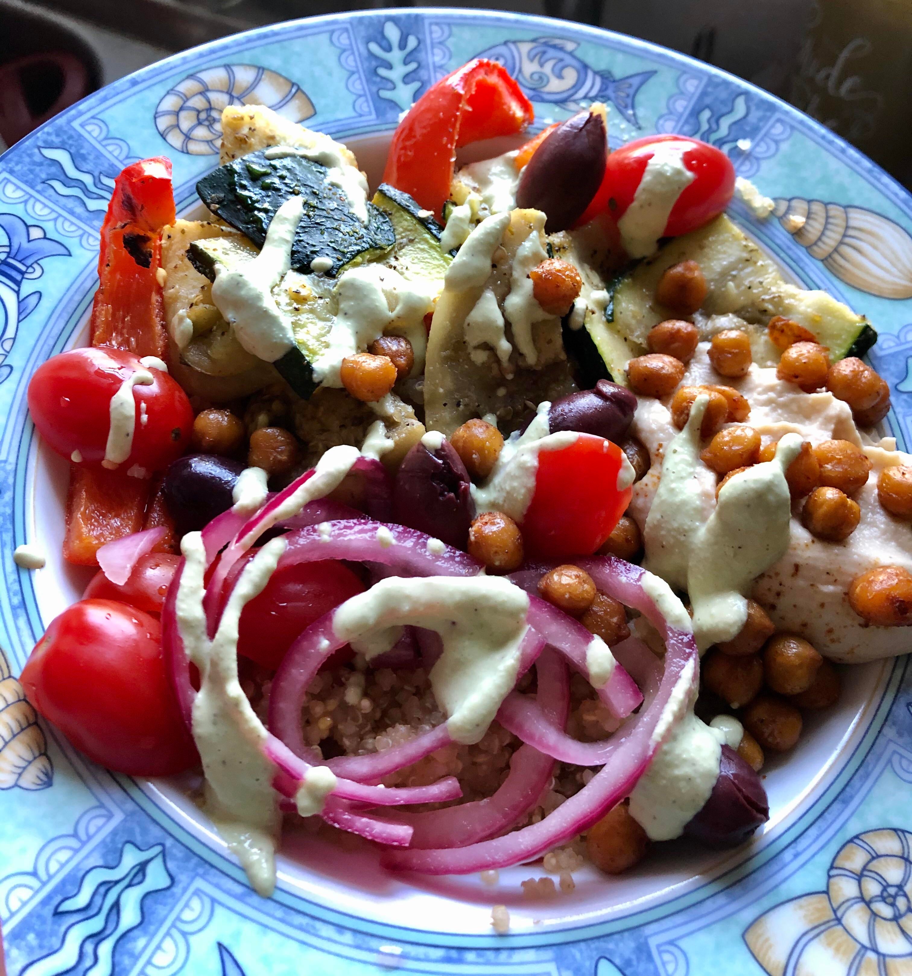 Greek grain bowl first time I’ve made pickled red onions and they are