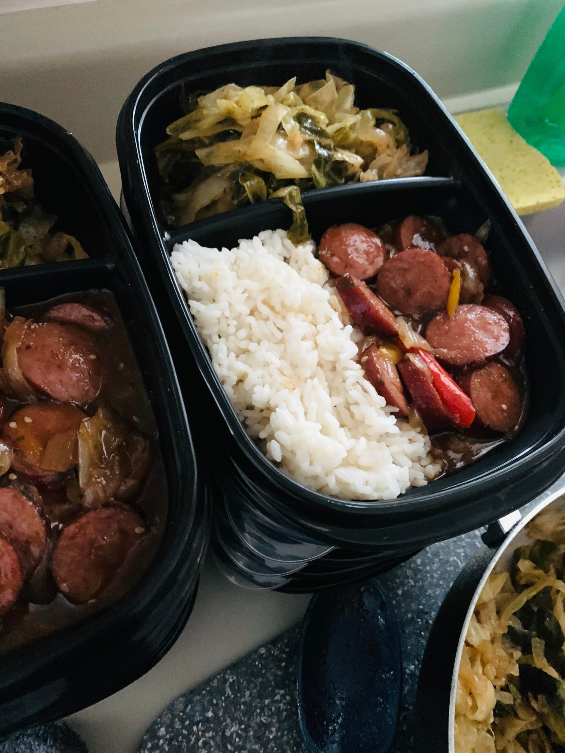 Sushi rice, Teryaki Sausage with peppers and onions, and cabbage 🤷🏽‍♂️ ...