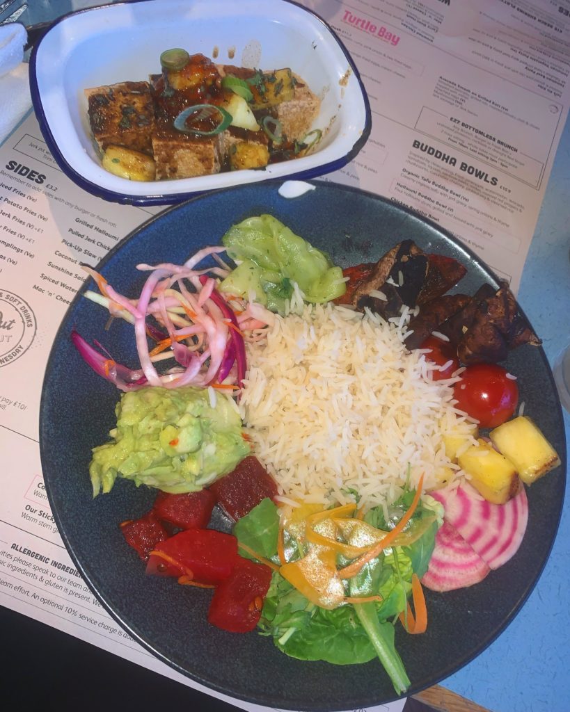 A gorgeous jerk tofu Buddha bowl from a restaurant near me the other day