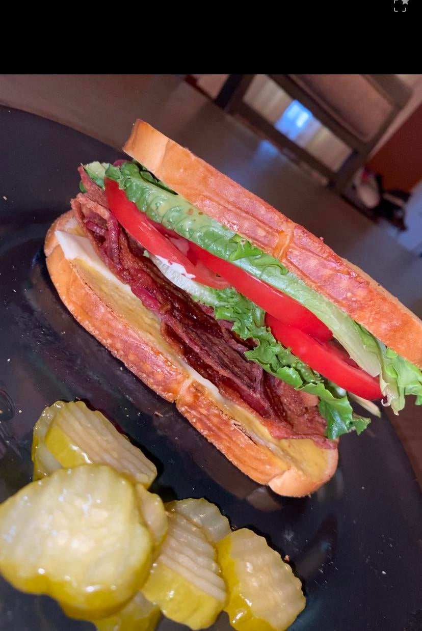 BLT with honey mustard and Swiss cheese. Added some spicy garlic