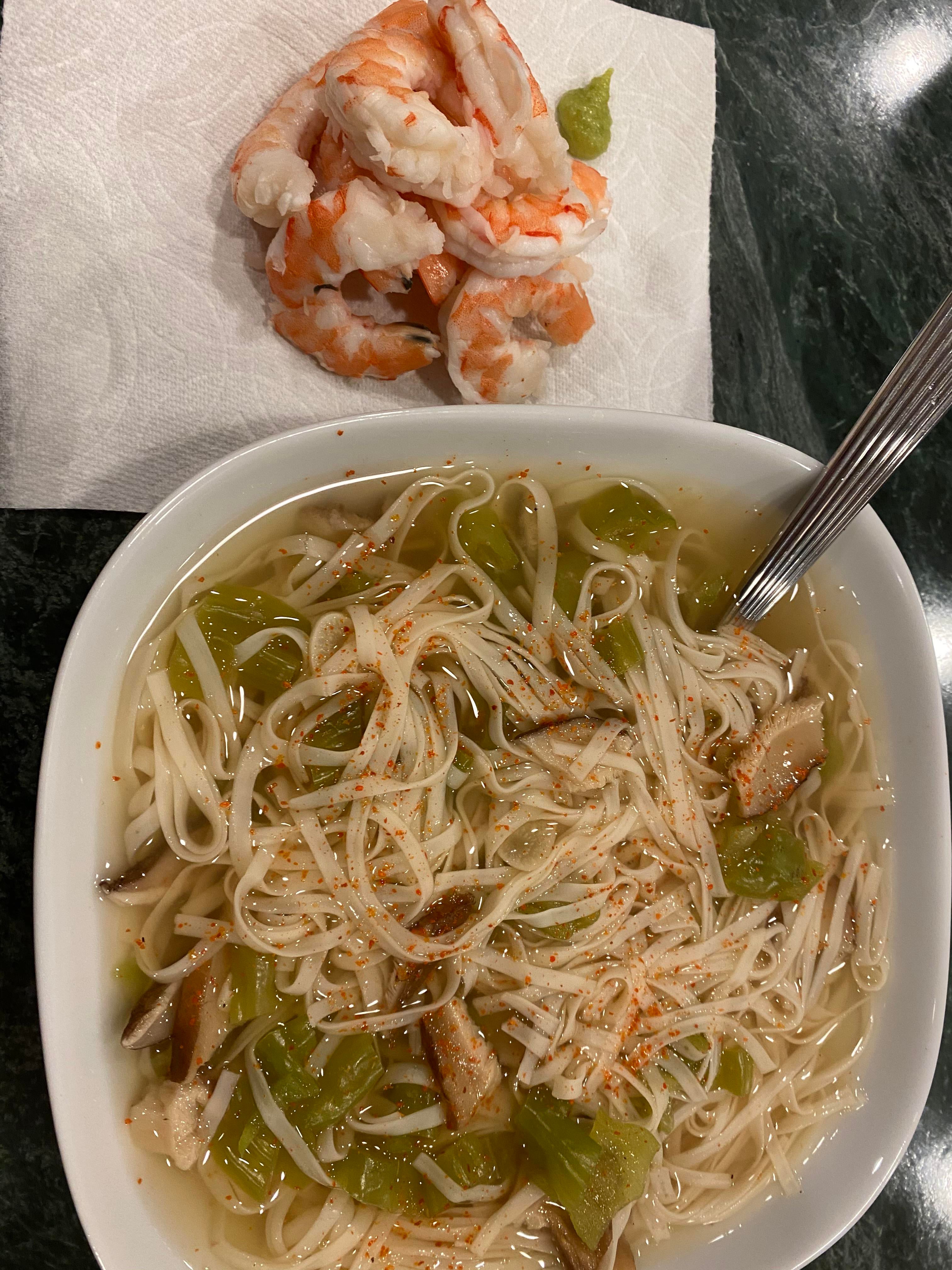 Shrimp with wasabi & Miso soup with shiratake noodles, shishito peppers