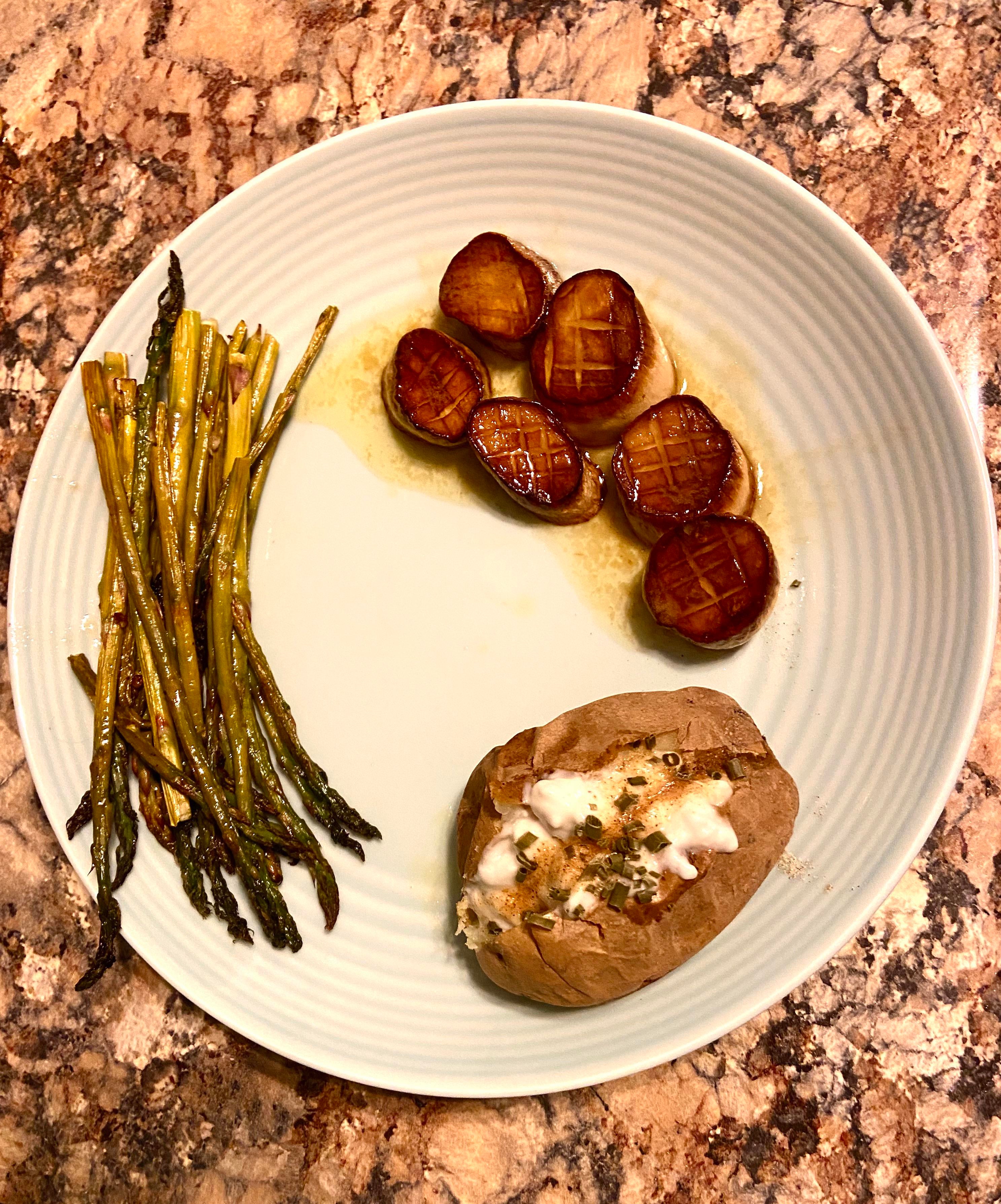 King Oyster Mushroom “scallops” with a beurre blanc sauce, asparagus