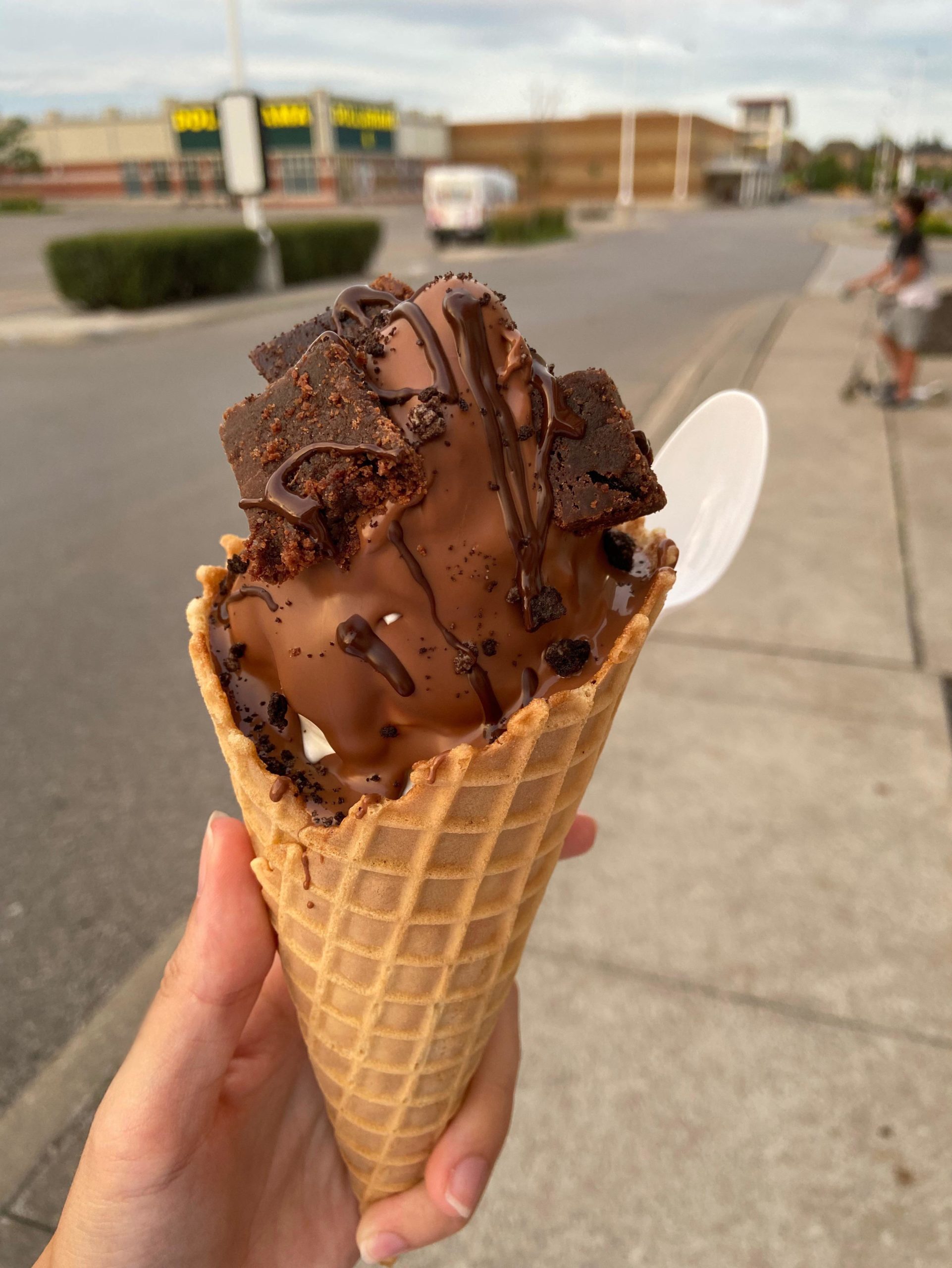 Vanilla soft serve covered in real milk chocolate and brownies, in a fresh waffle cone Dining