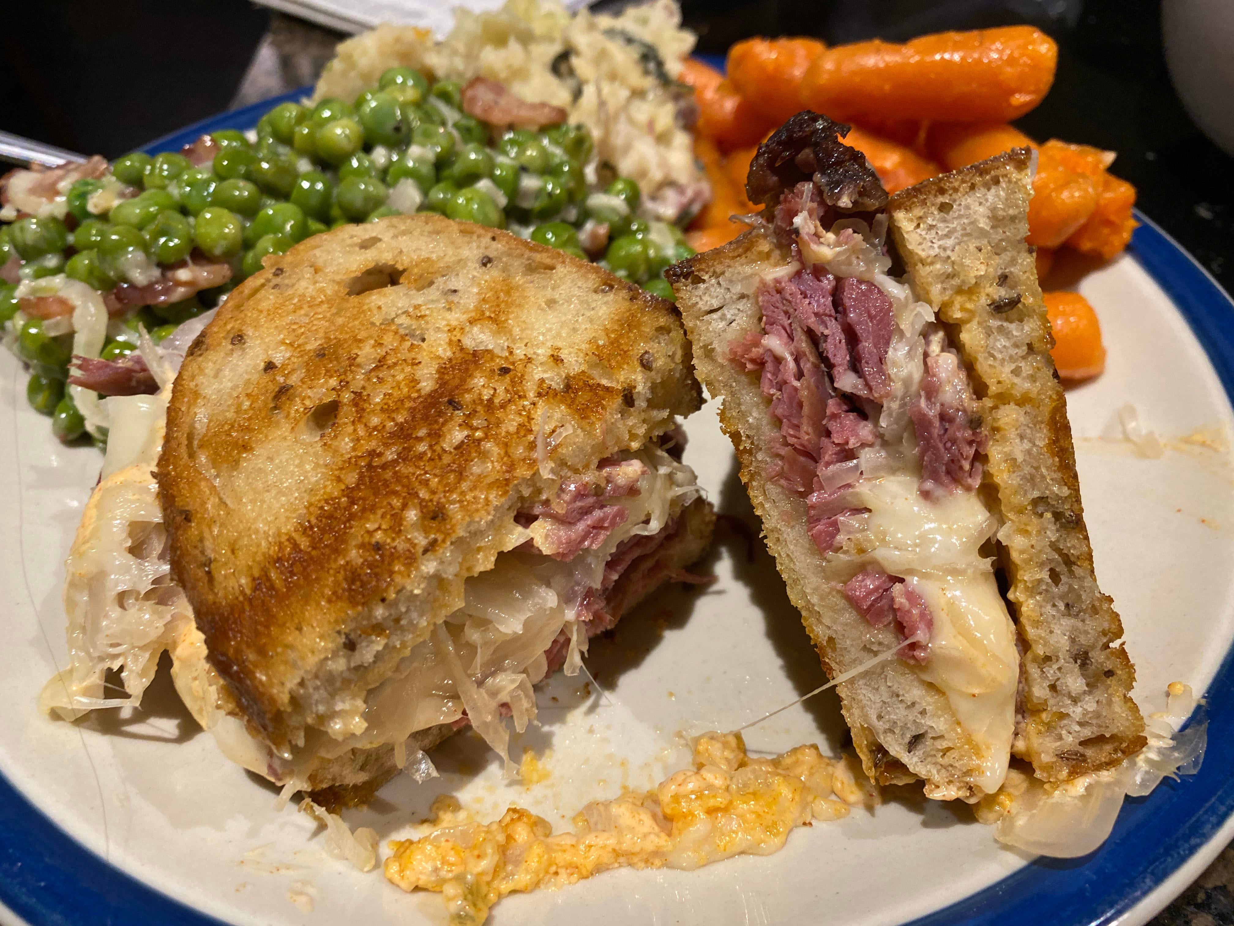 Reuben with homemade thousand island, buttered rye, leftover corned beef roast Dining and Cooking