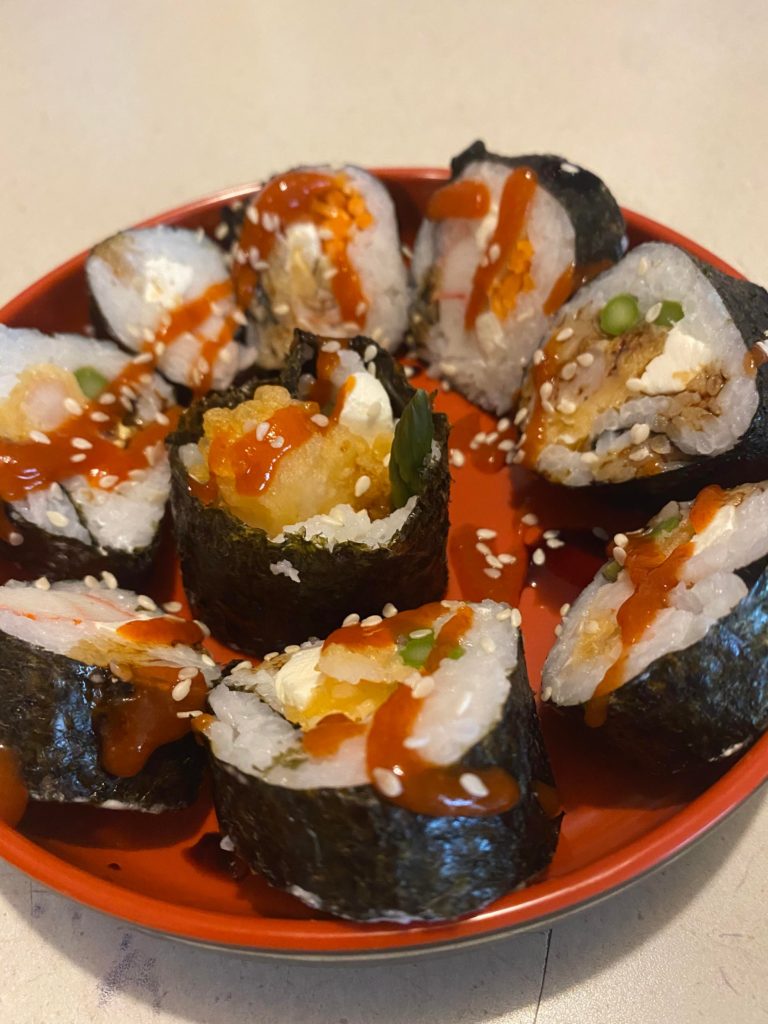 Early morning rolling. Got a crab roll, shrimp tempura, and California