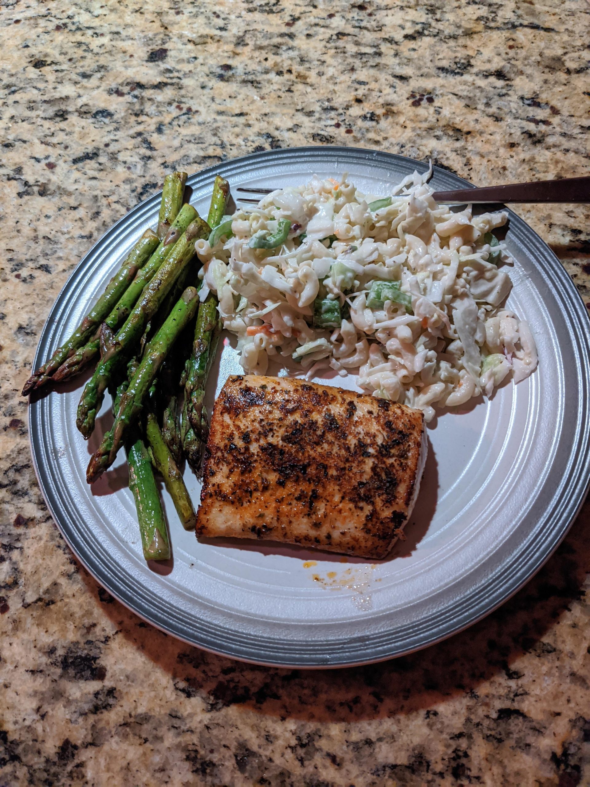 Blackened Mahi Sauteed asparagus and pasta Cole slaw Dining and Cooking
