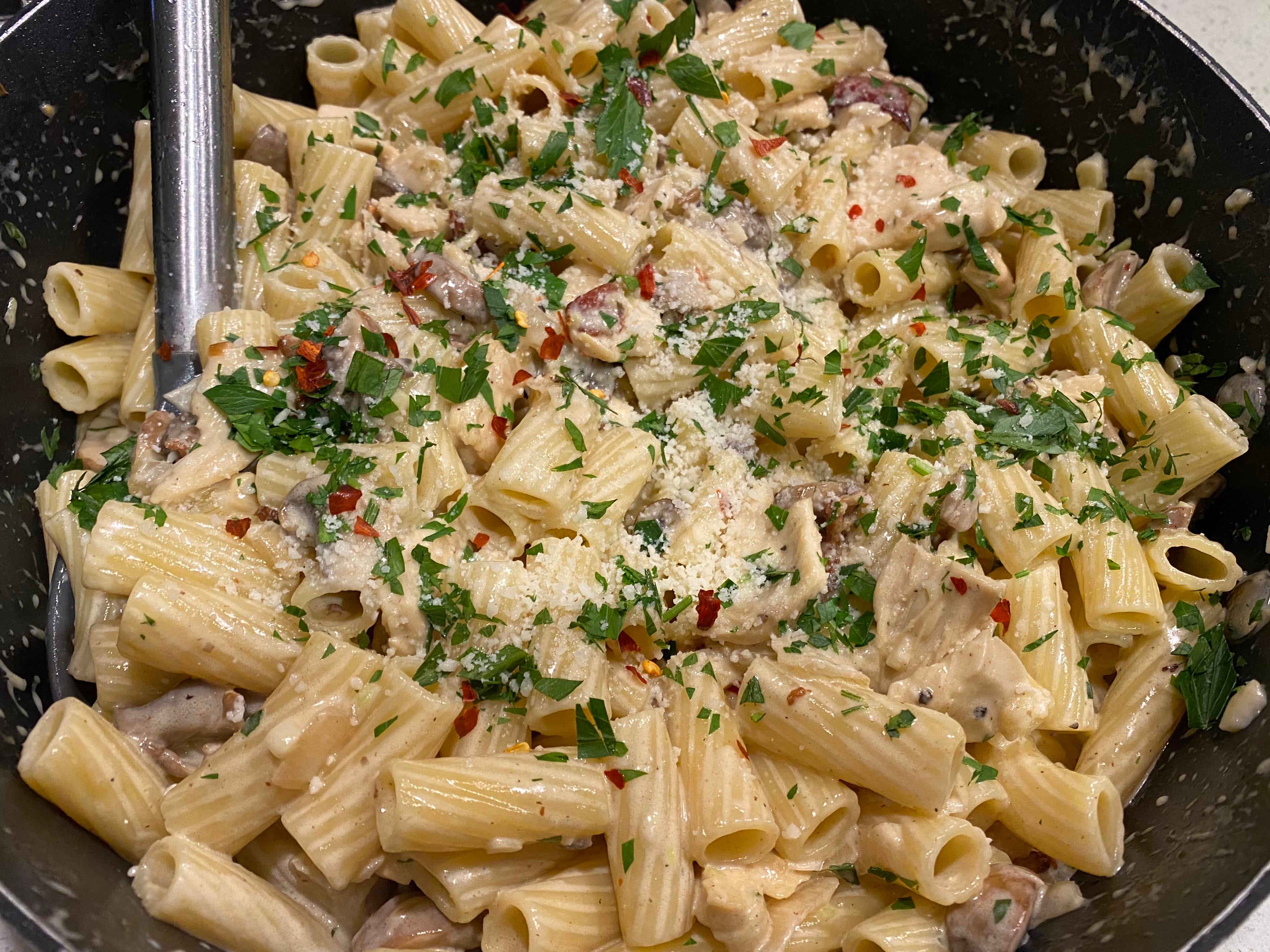 Chicken Bacon Mushroom Onion Garlic Alfredo with parsley Dining and