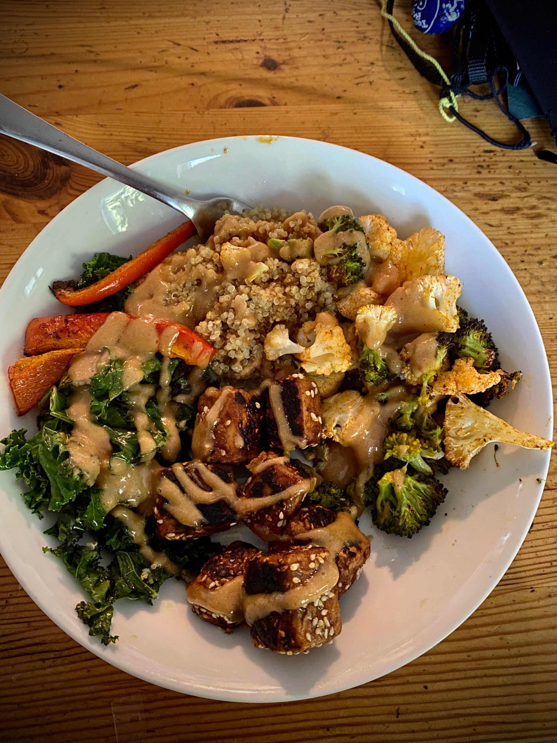 Hoisin/soy sauce tofu, roasted cauliflower/broccoli/red pepper, kale